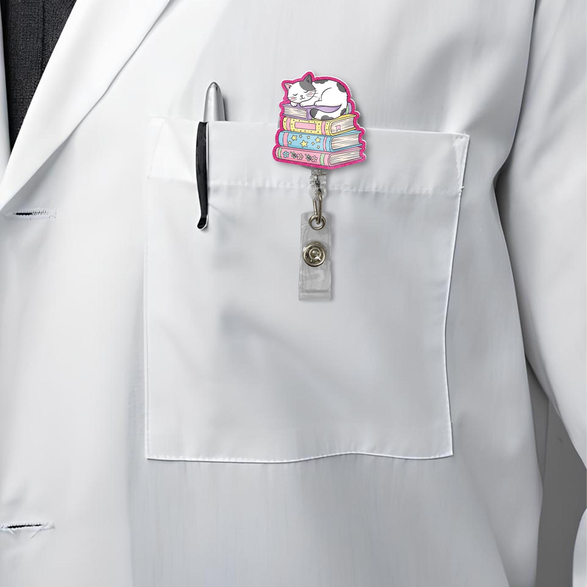 Cat Book Lover Badge Reel | Cute Nurse ID Holder | Librarian Teacher Name Badge Clip | Bookish Work Accessory