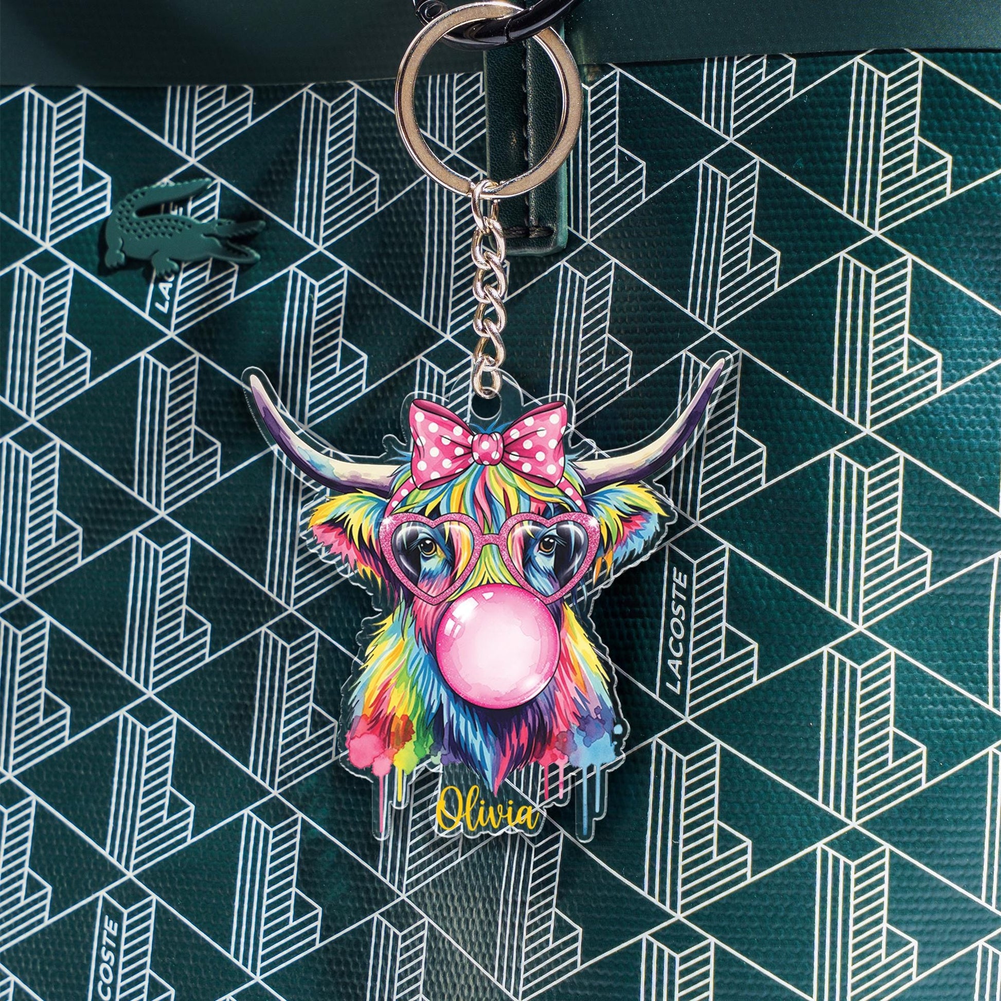 Custom Highland Cow Keychain: Acrylic Bag Charm with Glasses