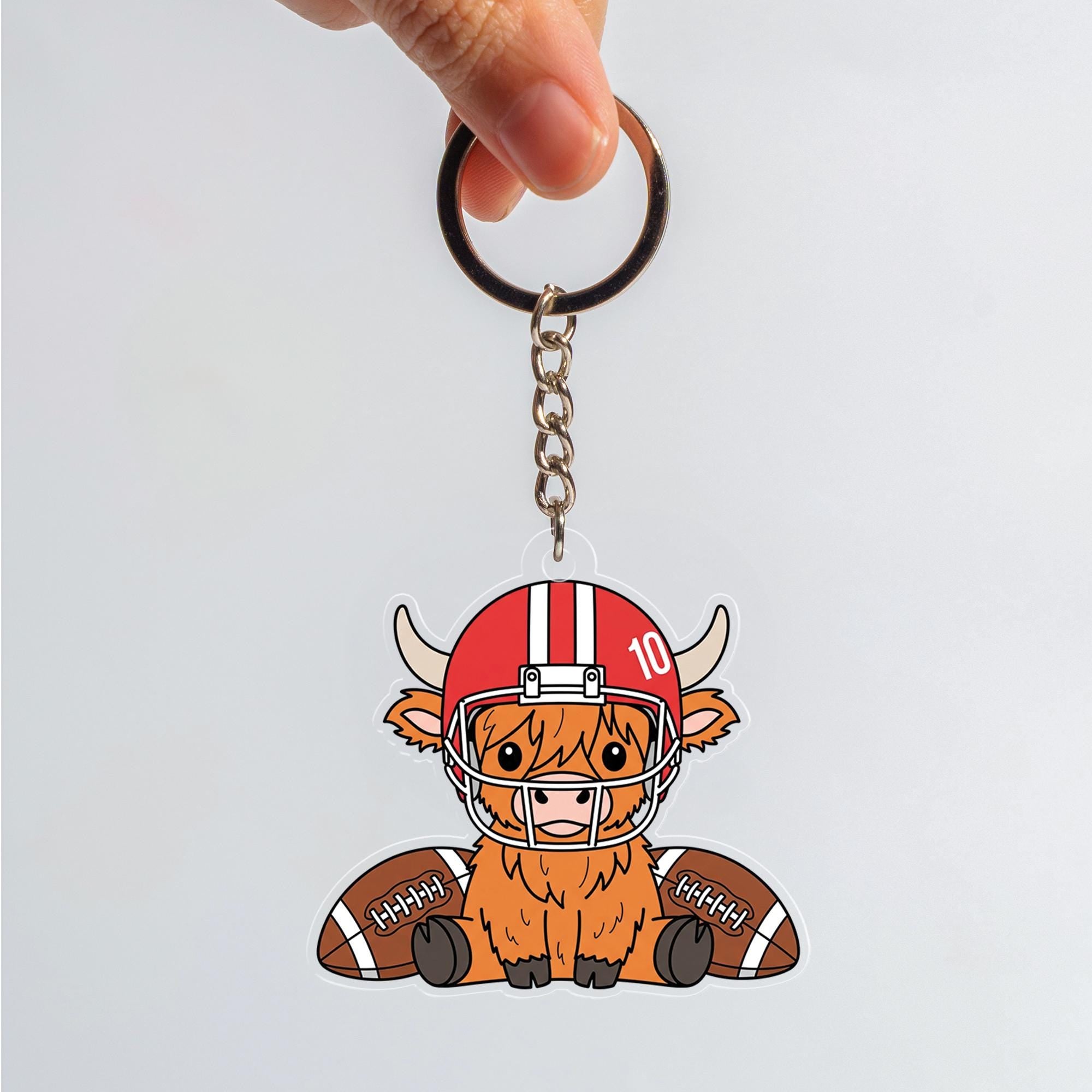 Custom Highland Cow Football Keychain: Acrylic Sports Bag Charm