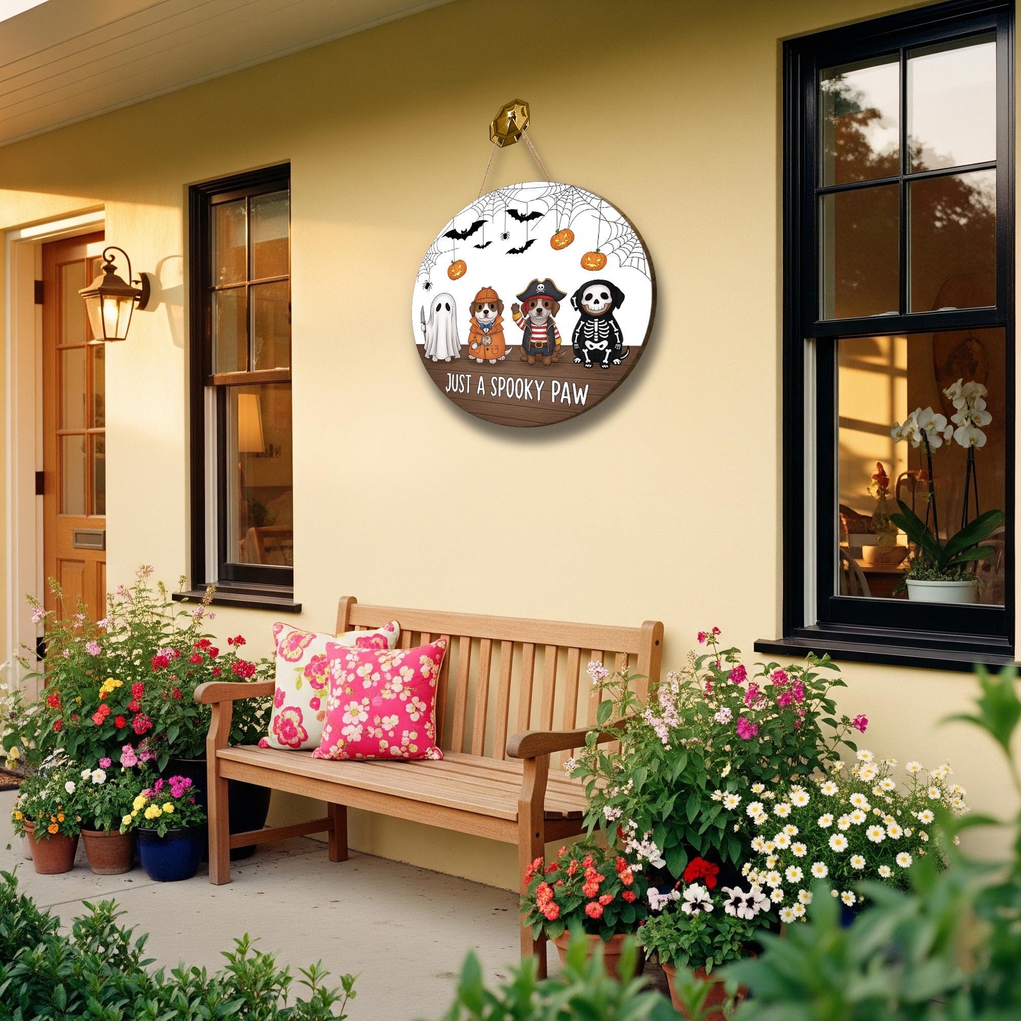 Halloween Dog Door Hanger | Just a Spooky Paw Sign | Cute Pet Lover Halloween Decoration | Fall Porch Wall Hanging