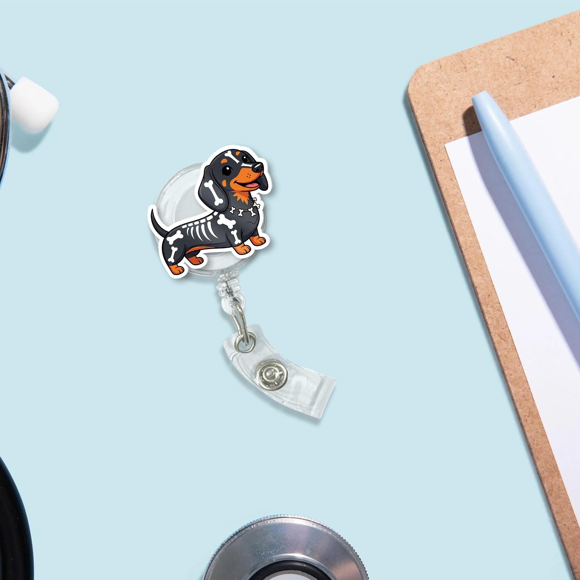 Dachshund Skeleton Badge Reel | Cute Halloween Dog ID Holder | Spooky Nurse Teacher Badge Clip | Dog Lover Work Accessory