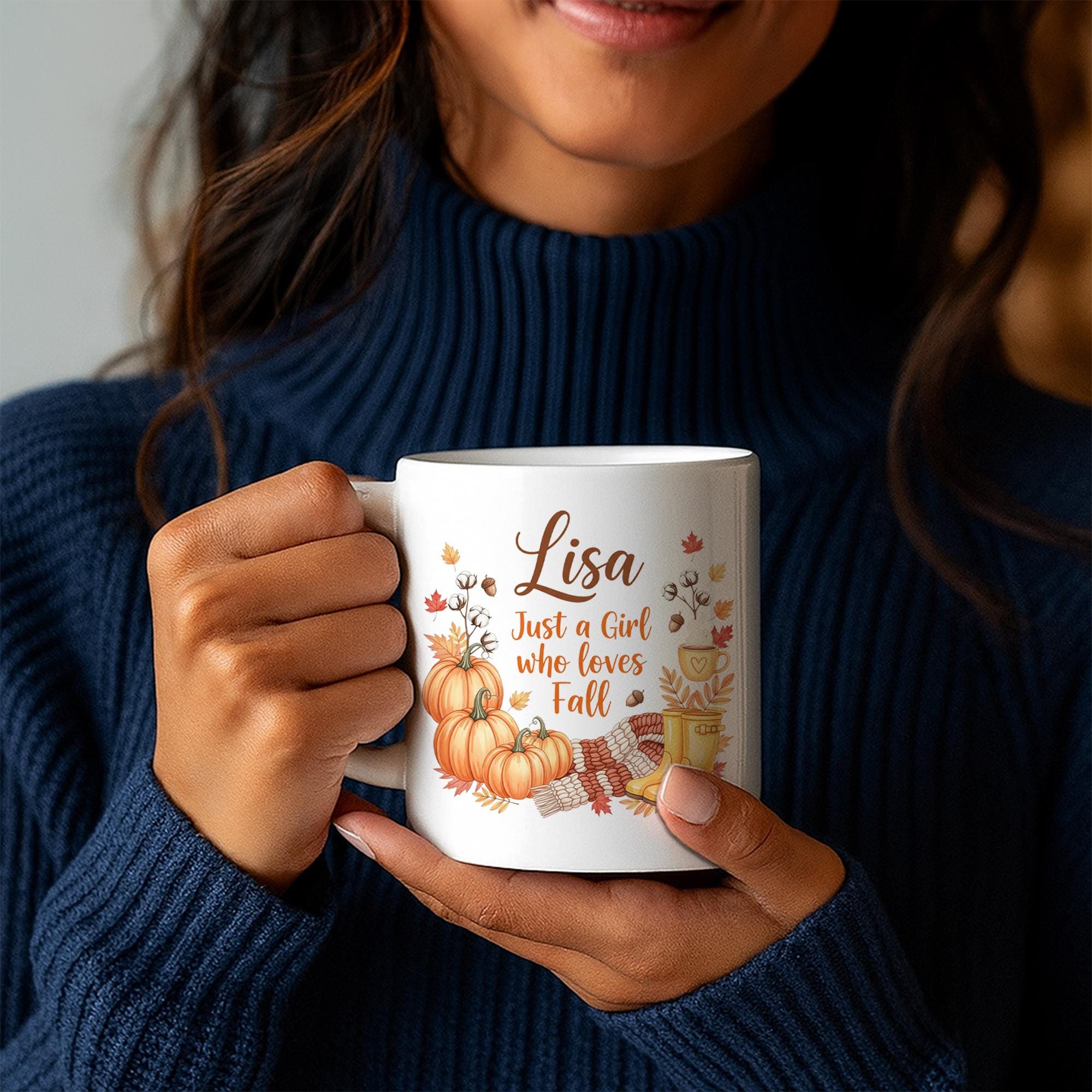 Personalized Fall Mug | Custom Name Pumpkin Coffee Cup | Autumn Leaves Boots Mug | Just a Girl Who Loves Fall Gift