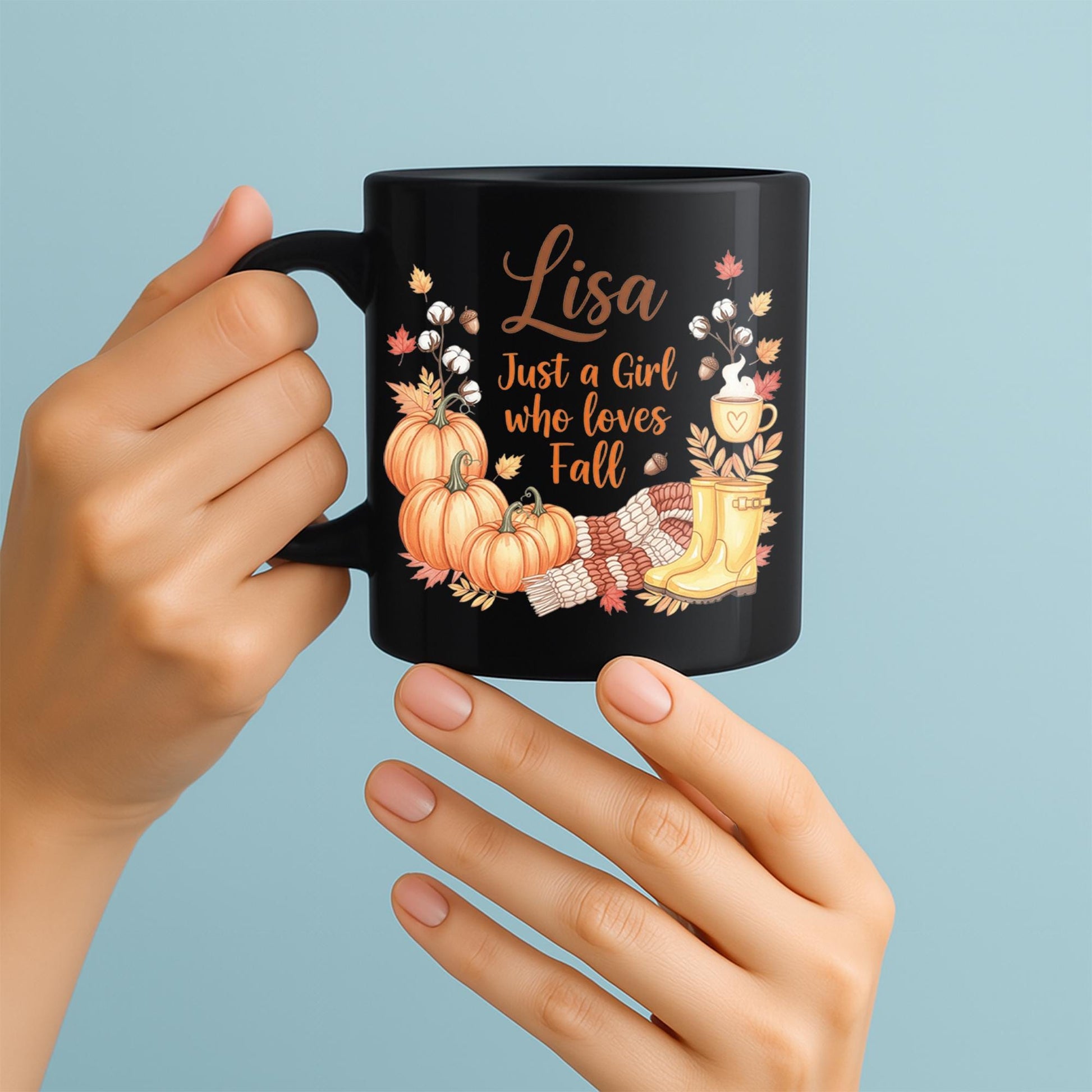 Personalized Fall Mug | Custom Name Pumpkin Coffee Cup | Autumn Leaves Boots Mug | Just a Girl Who Loves Fall Gift