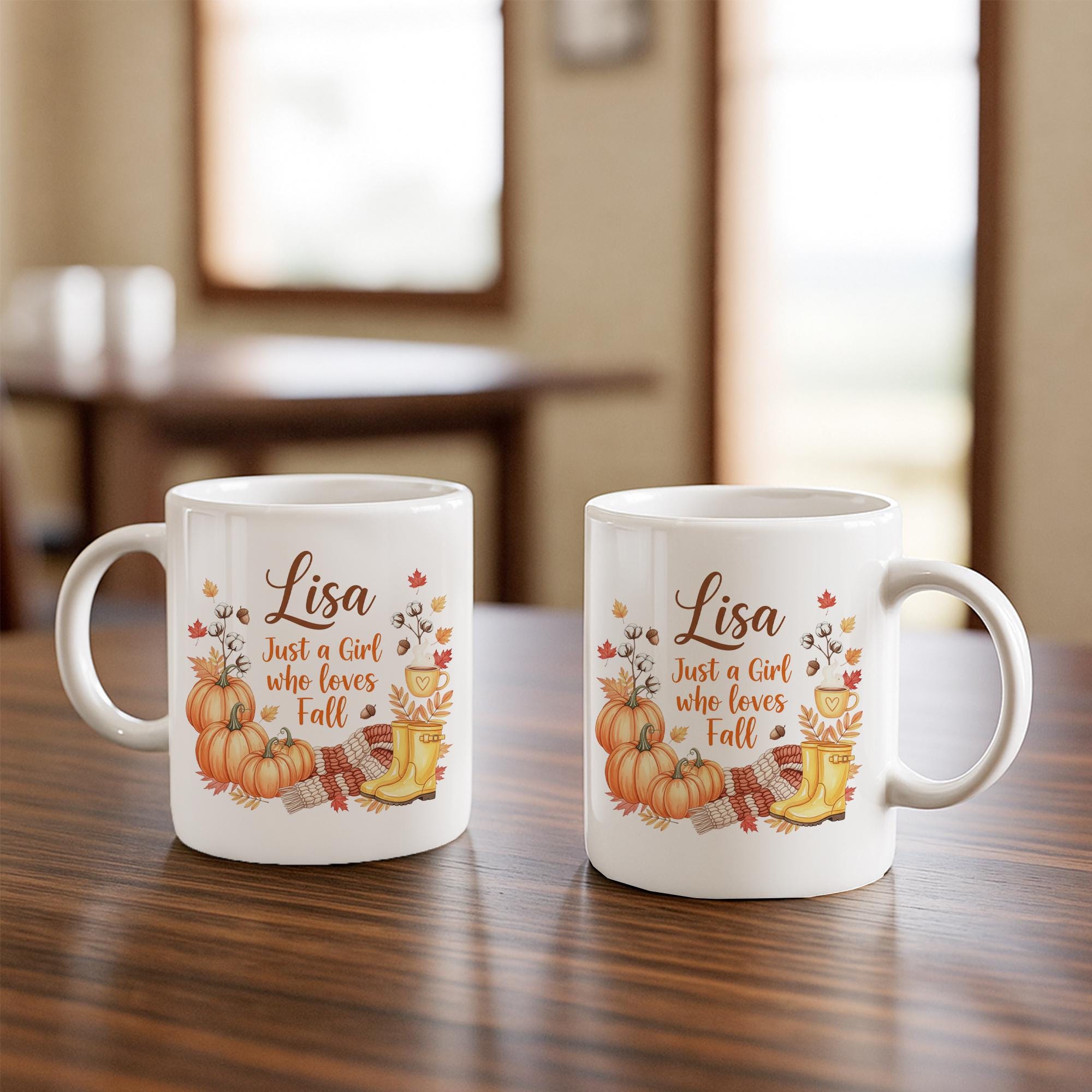 Personalized Fall Mug | Custom Name Pumpkin Coffee Cup | Autumn Leaves Boots Mug | Just a Girl Who Loves Fall Gift