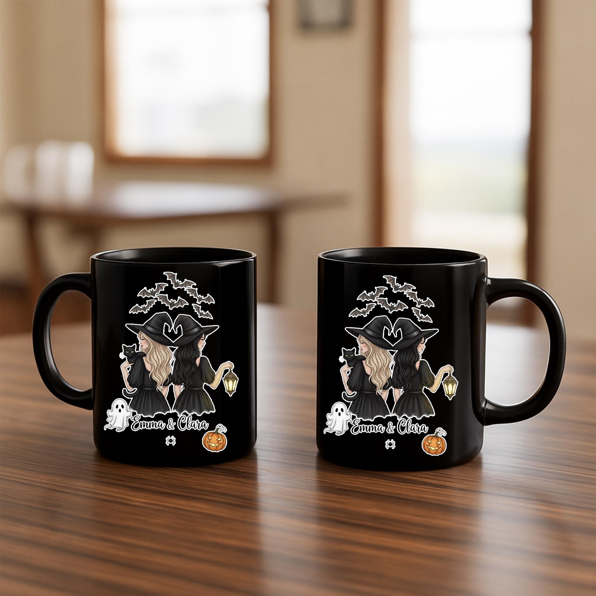 Personalized Halloween Mug | Custom Witch Coffee Cup with Names | Spooky Fall Mug Gift for Friends | Cute Pumpkin Bat Ghost Cup