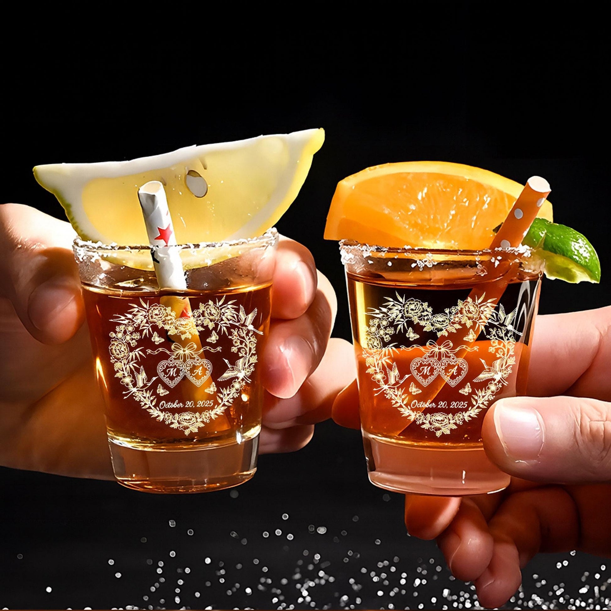 Personalized Wedding Whiskey Glass, Engraved Floral Heart with Cranes, Custom Initials & Date, Anniversary Gift for Couple