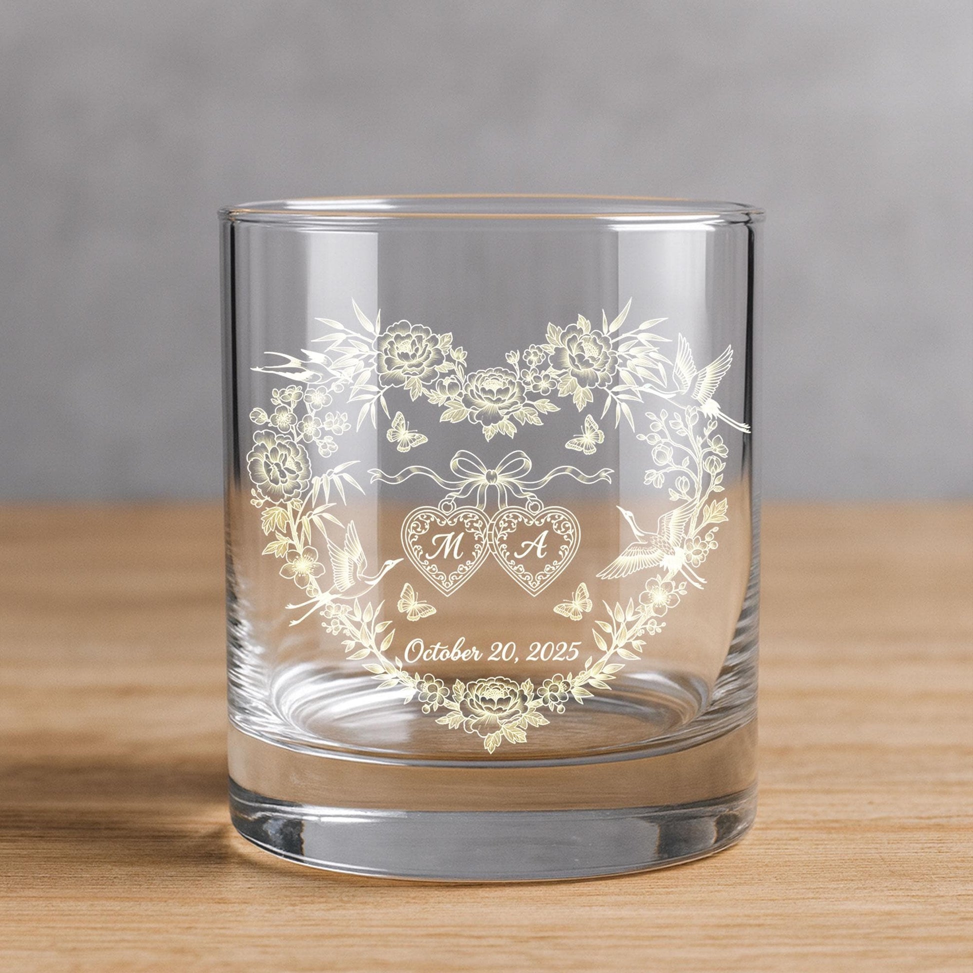 Personalized Wedding Whiskey Glass, Engraved Floral Heart with Cranes, Custom Initials & Date, Anniversary Gift for Couple
