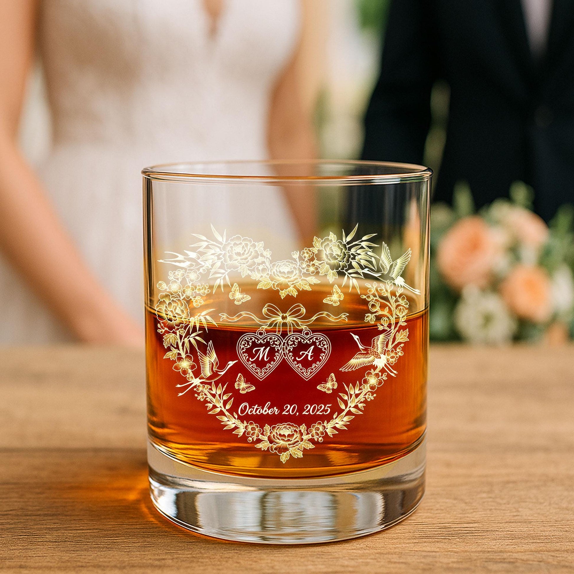 Personalized Wedding Whiskey Glass, Engraved Floral Heart with Cranes, Custom Initials & Date, Anniversary Gift for Couple