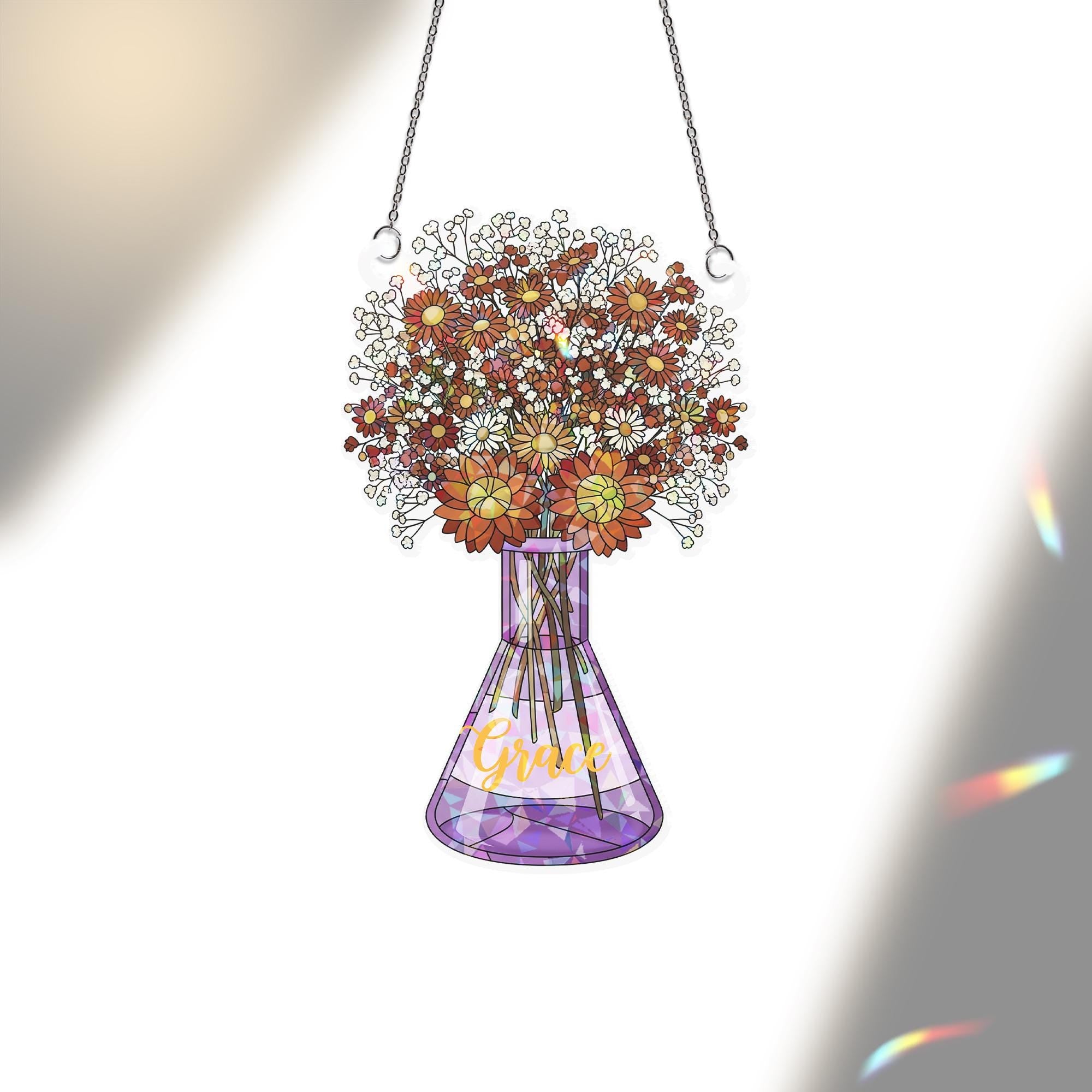 Holographic Wildflower Vase Window Hanging: Stained Glass Style Acrylic Ornament