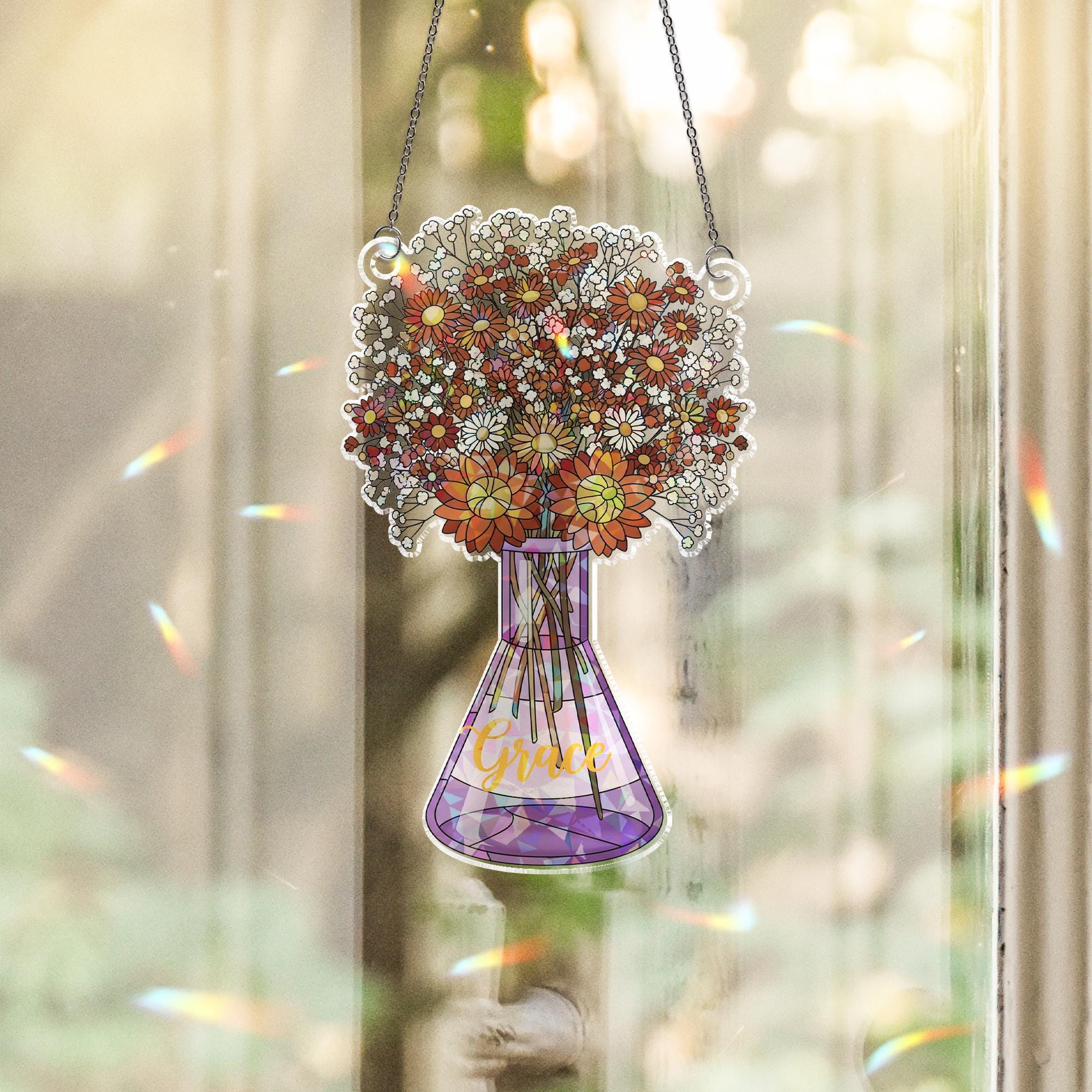 Holographic Wildflower Vase Window Hanging: Stained Glass Style Acrylic Ornament