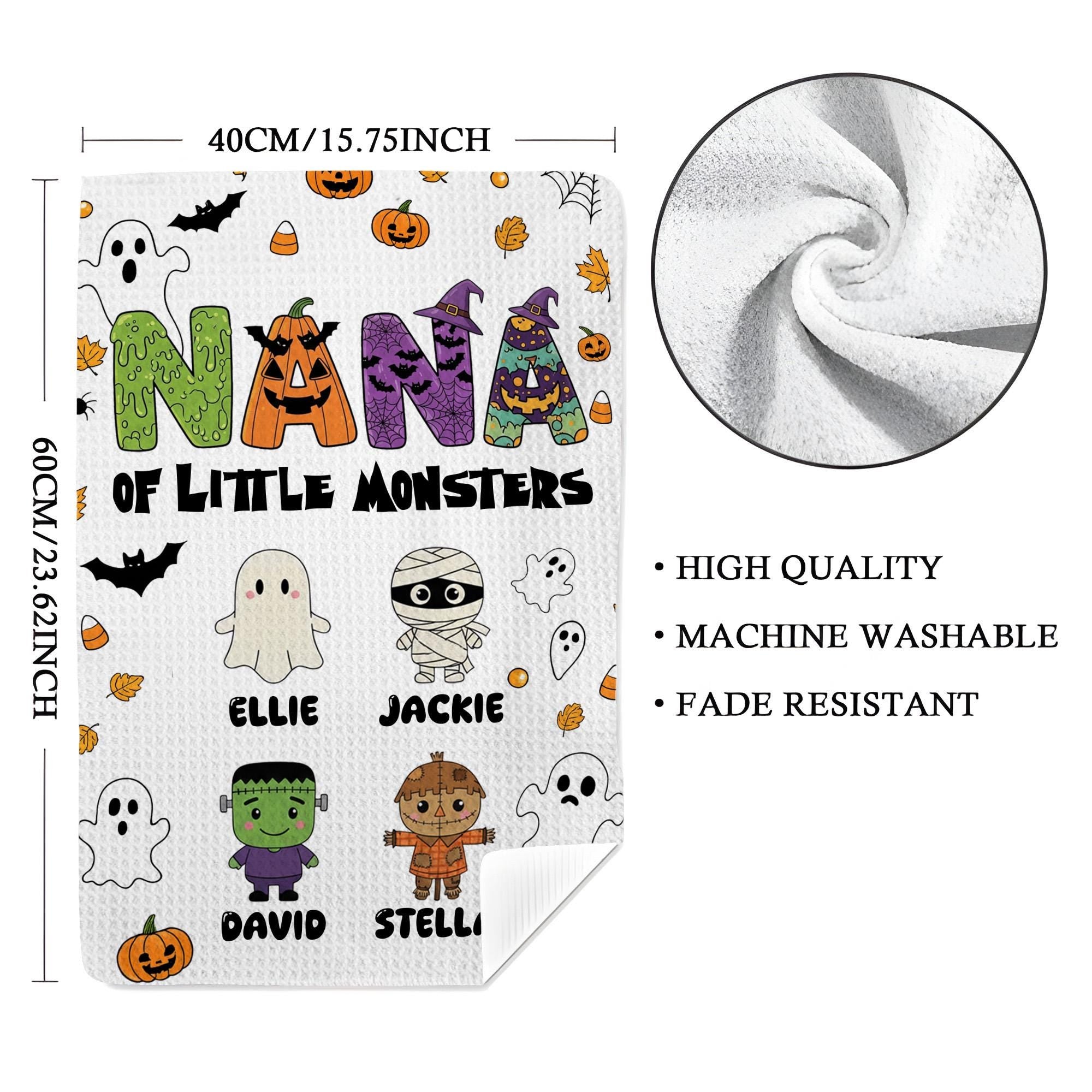 Personalized Halloween Kitchen Towel: Grandma of Little Monsters Fall Decor