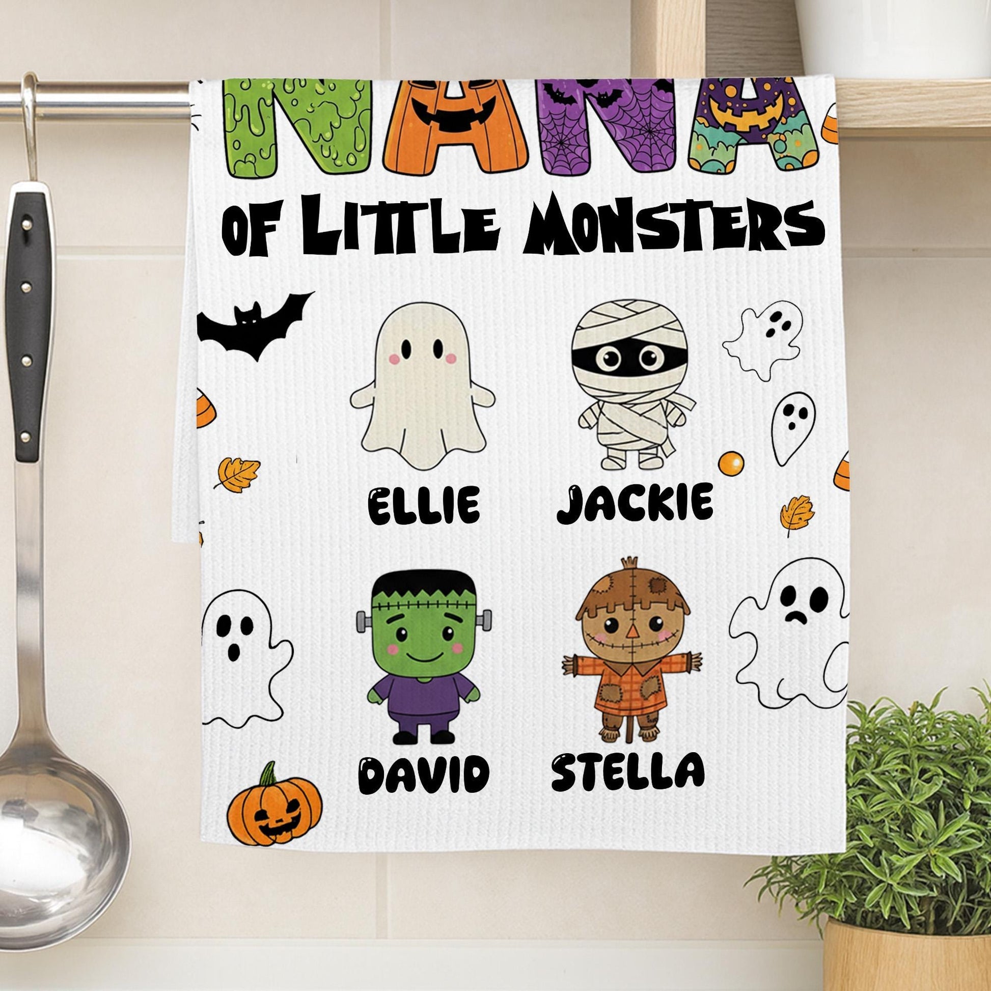 Personalized Halloween Kitchen Towel: Grandma of Little Monsters Fall Decor