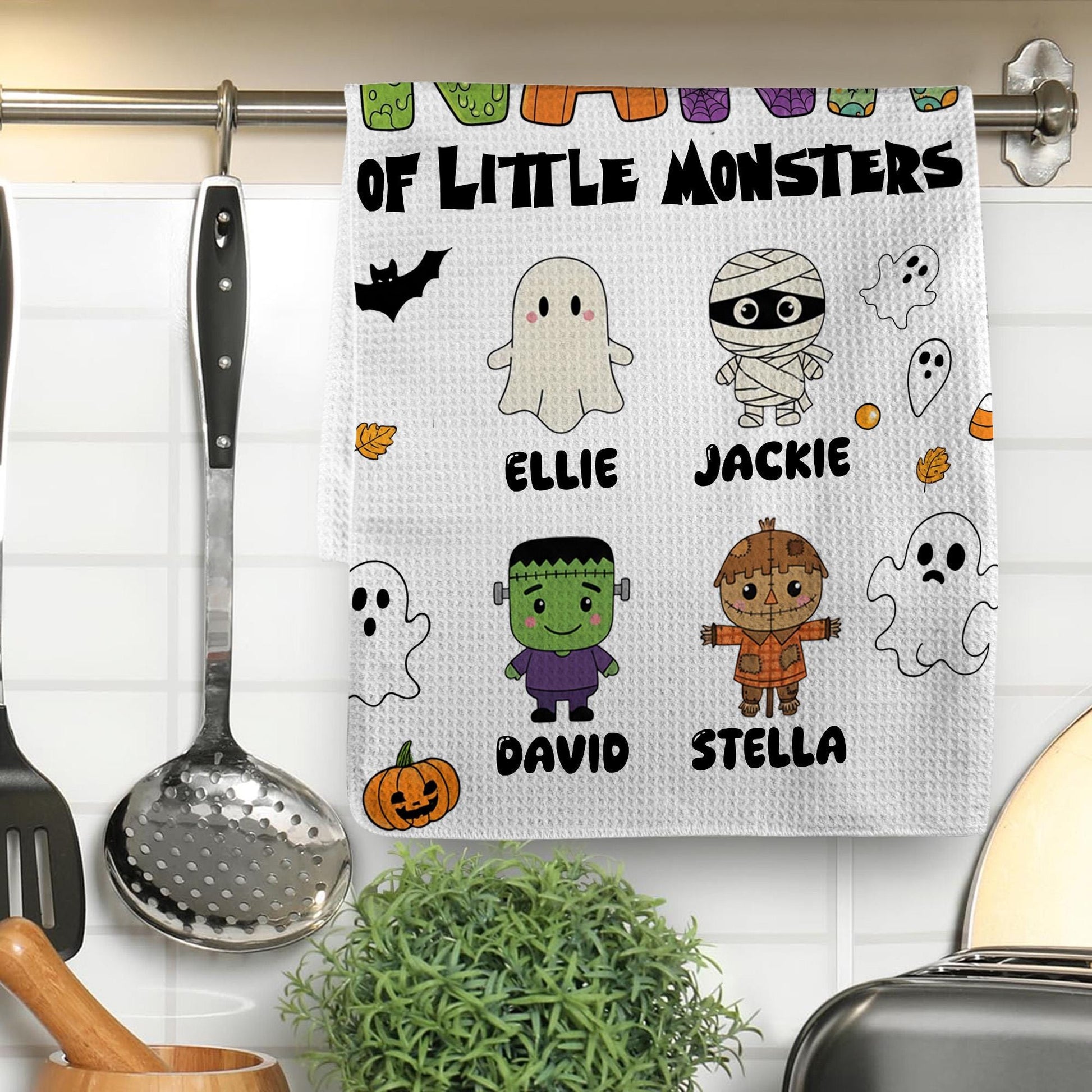Personalized Halloween Kitchen Towel: Grandma of Little Monsters Fall Decor