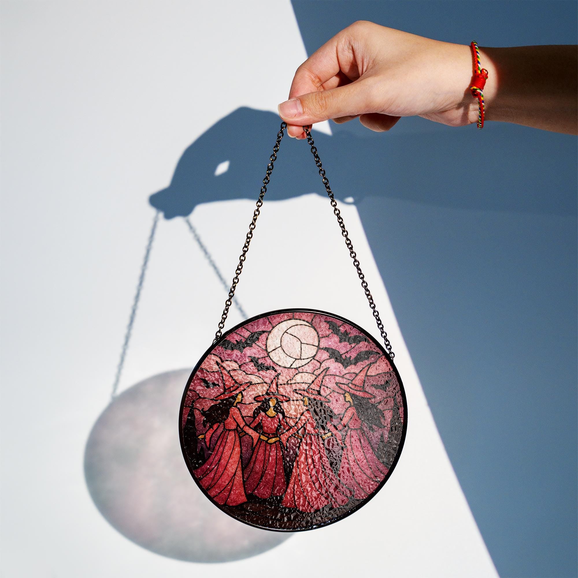 Pink Witch Glass Suncatcher: Breast Cancer Awareness Window Decor