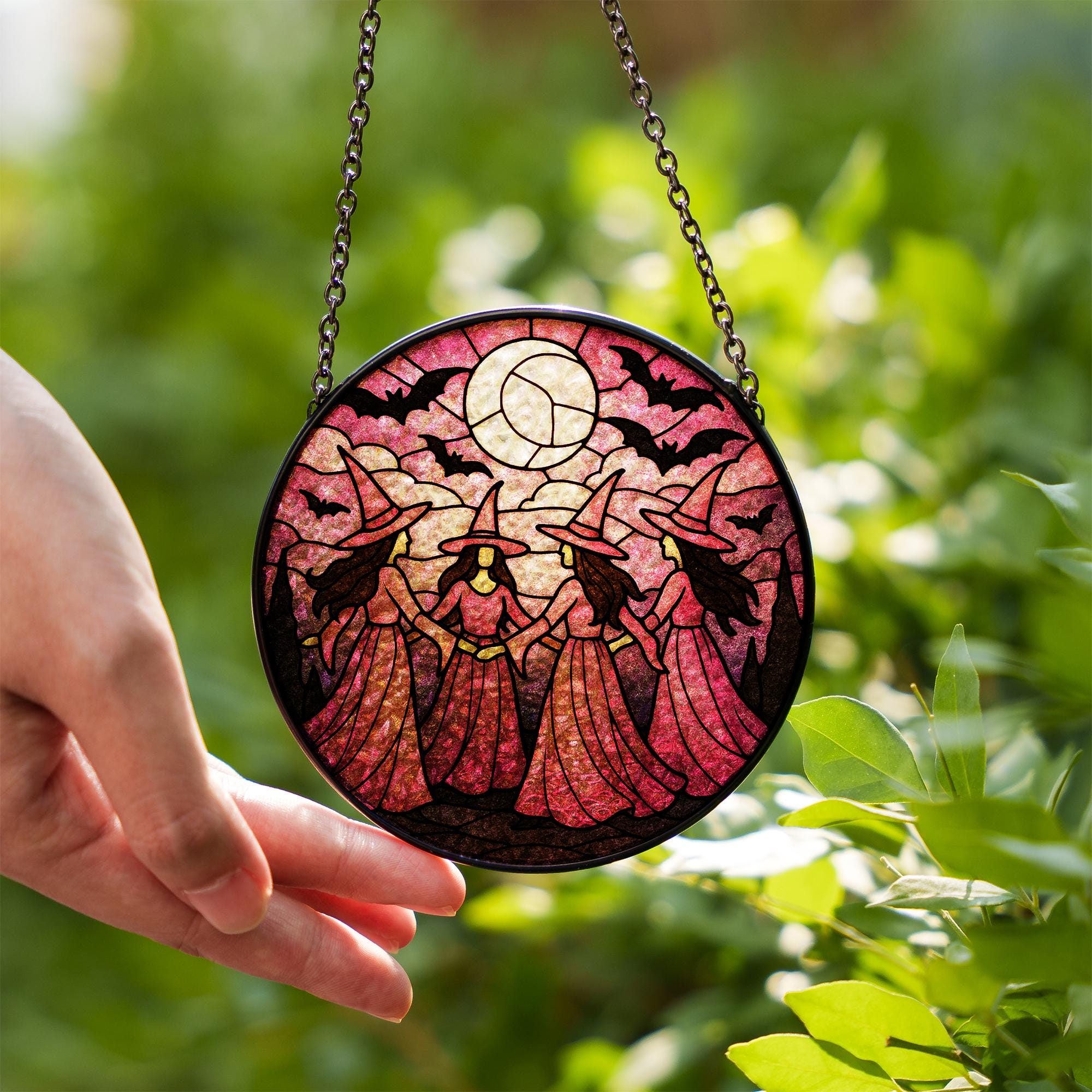 Pink Witch Glass Suncatcher: Breast Cancer Awareness Window Decor