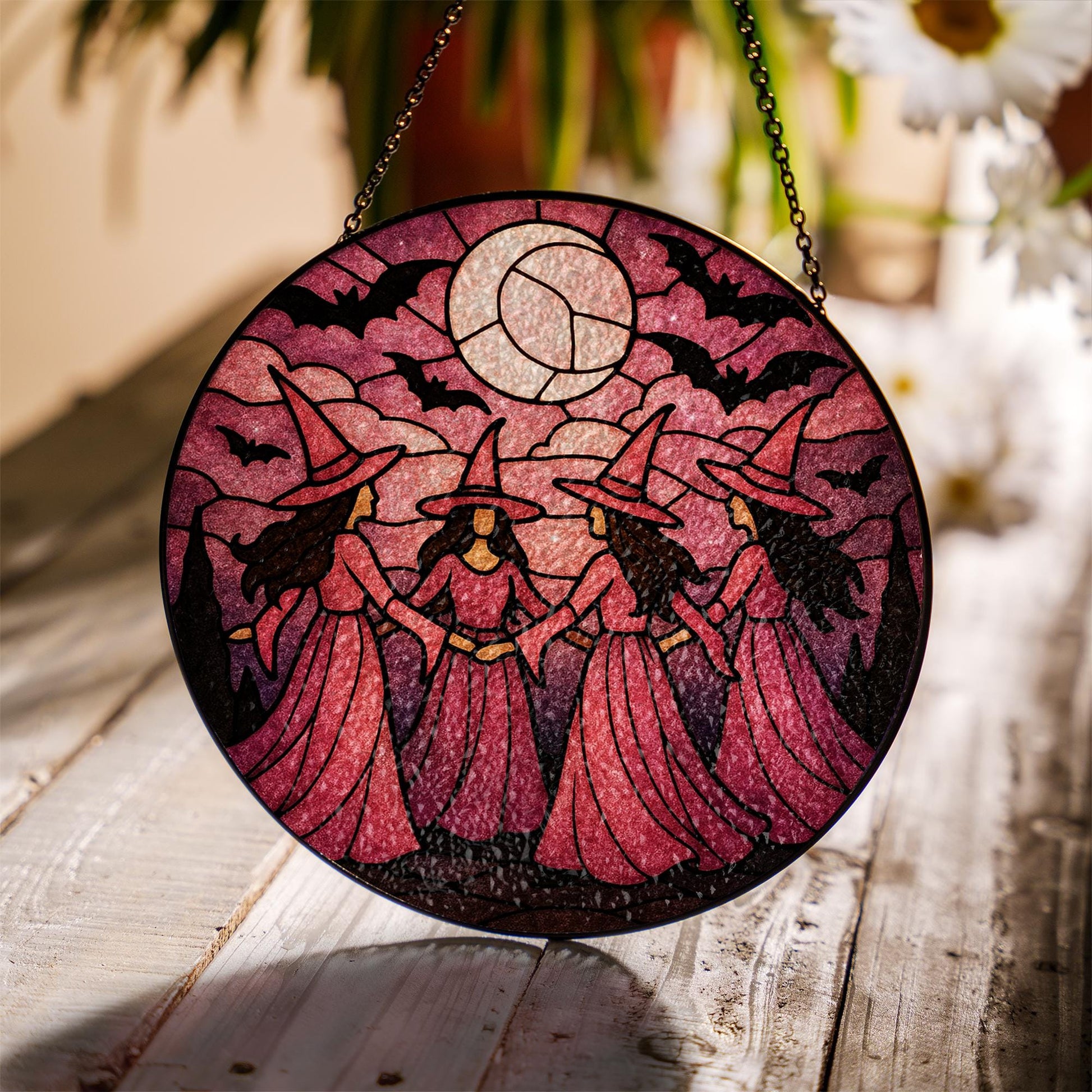 Pink Witch Glass Suncatcher: Breast Cancer Awareness Window Decor