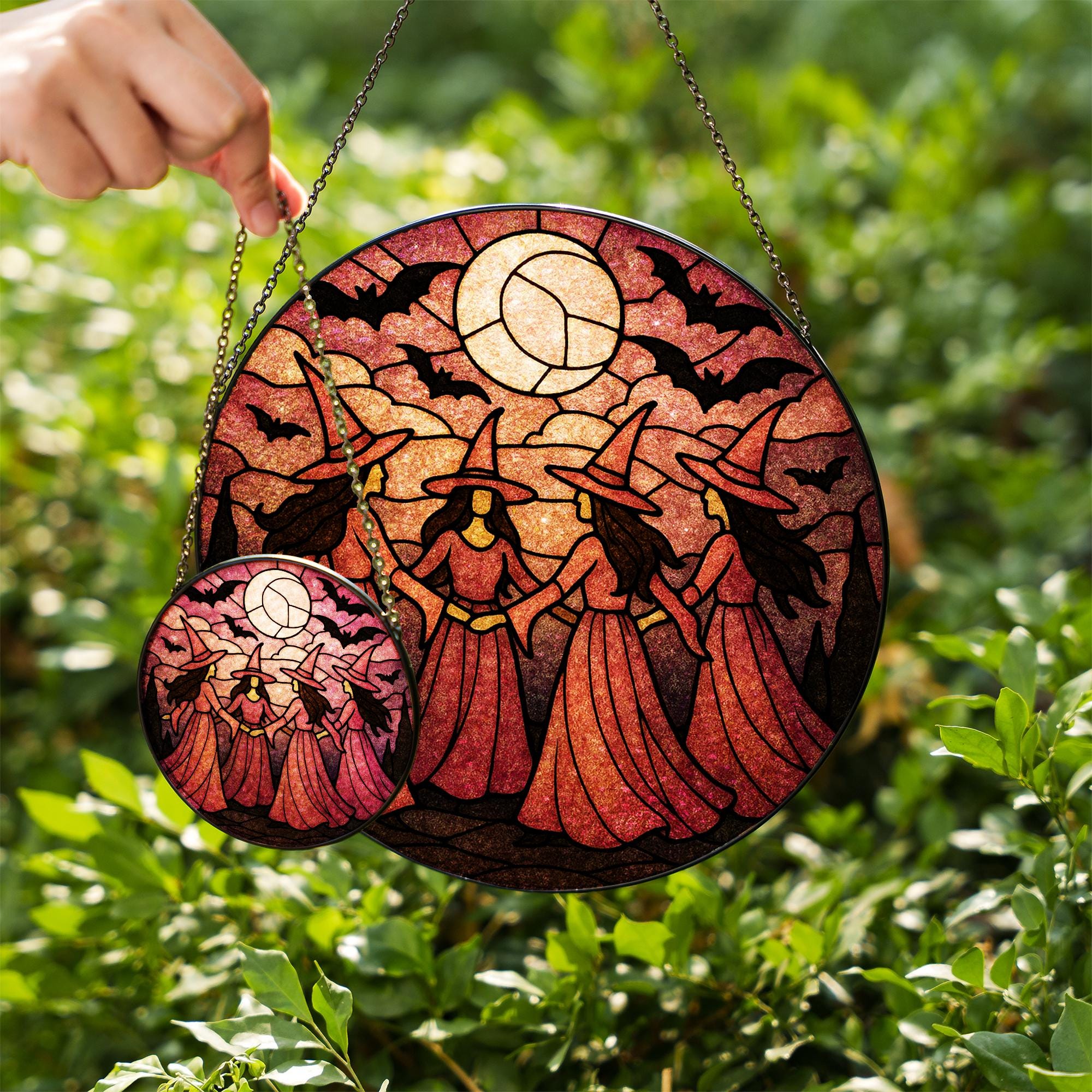 Pink Witch Glass Suncatcher: Breast Cancer Awareness Window Decor