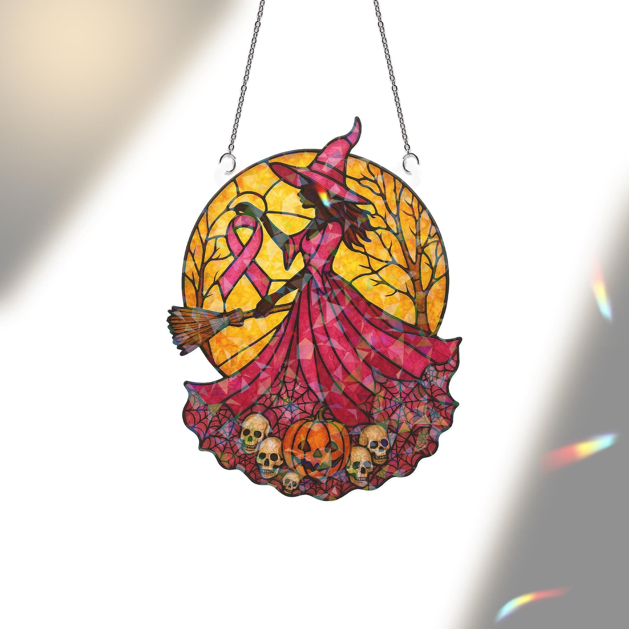 Pink Witch Holographic Suncatcher • Breast Cancer Awareness Acrylic Window Hanging • Warrior Gift Home Decor