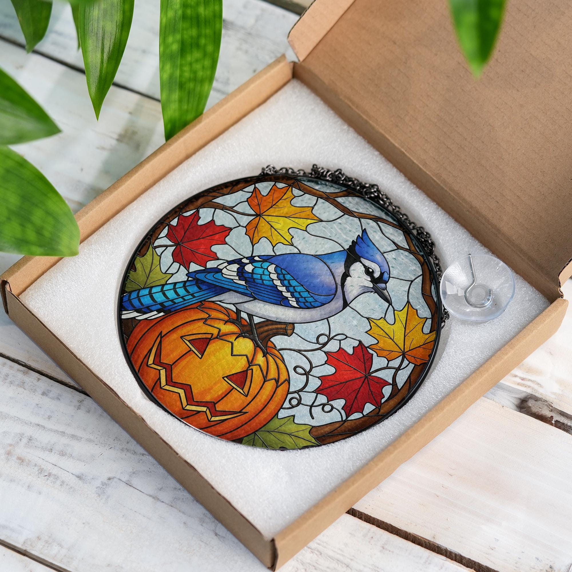 Blue Jay Glass Suncatcher • Fall Pumpkin Glass Window Hanging