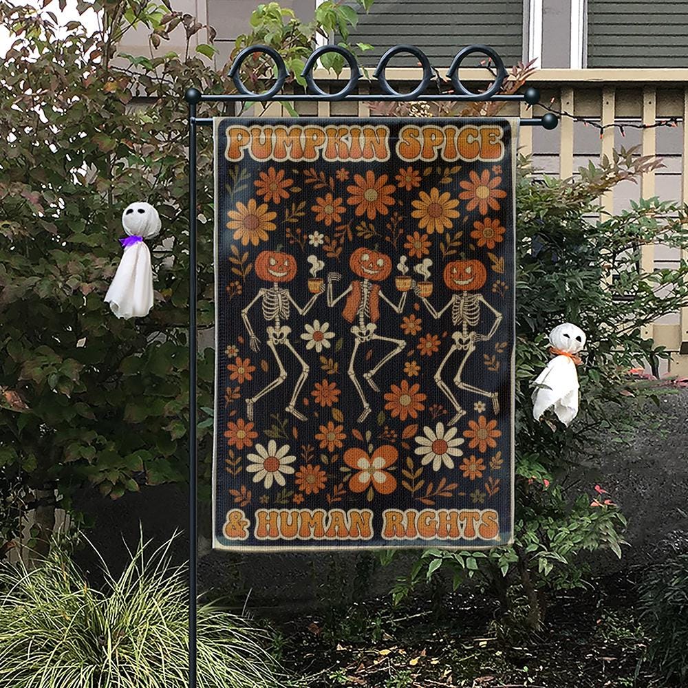 Retro Halloween Garden Flag: Skeleton Pumpkin, Fall Yard Decor