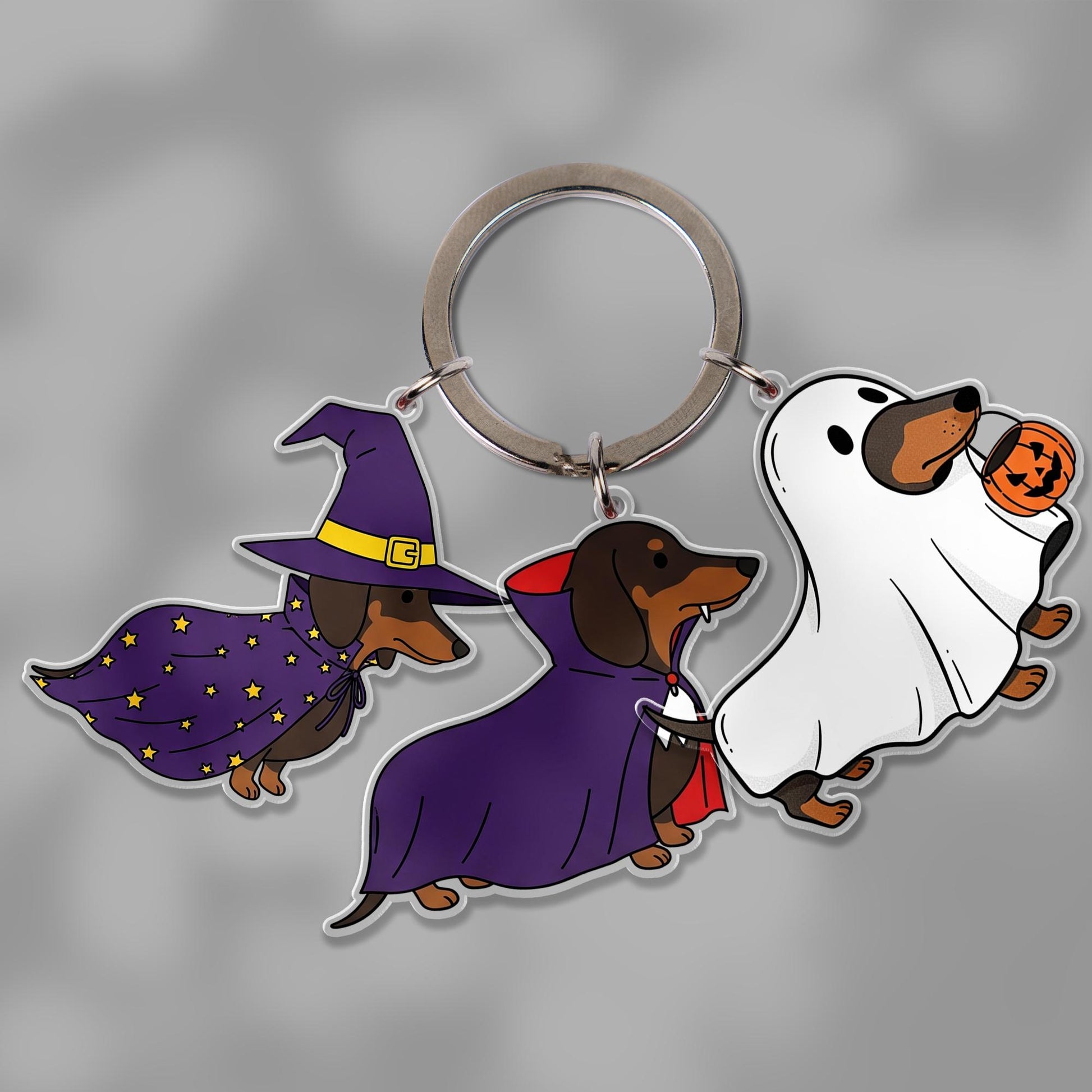 Dachshund Halloween Keychain | Multi-Charm Wiener Dog Keyring | Cute Sausage Dog in Costumes | Spooky Puppy Lover Gift