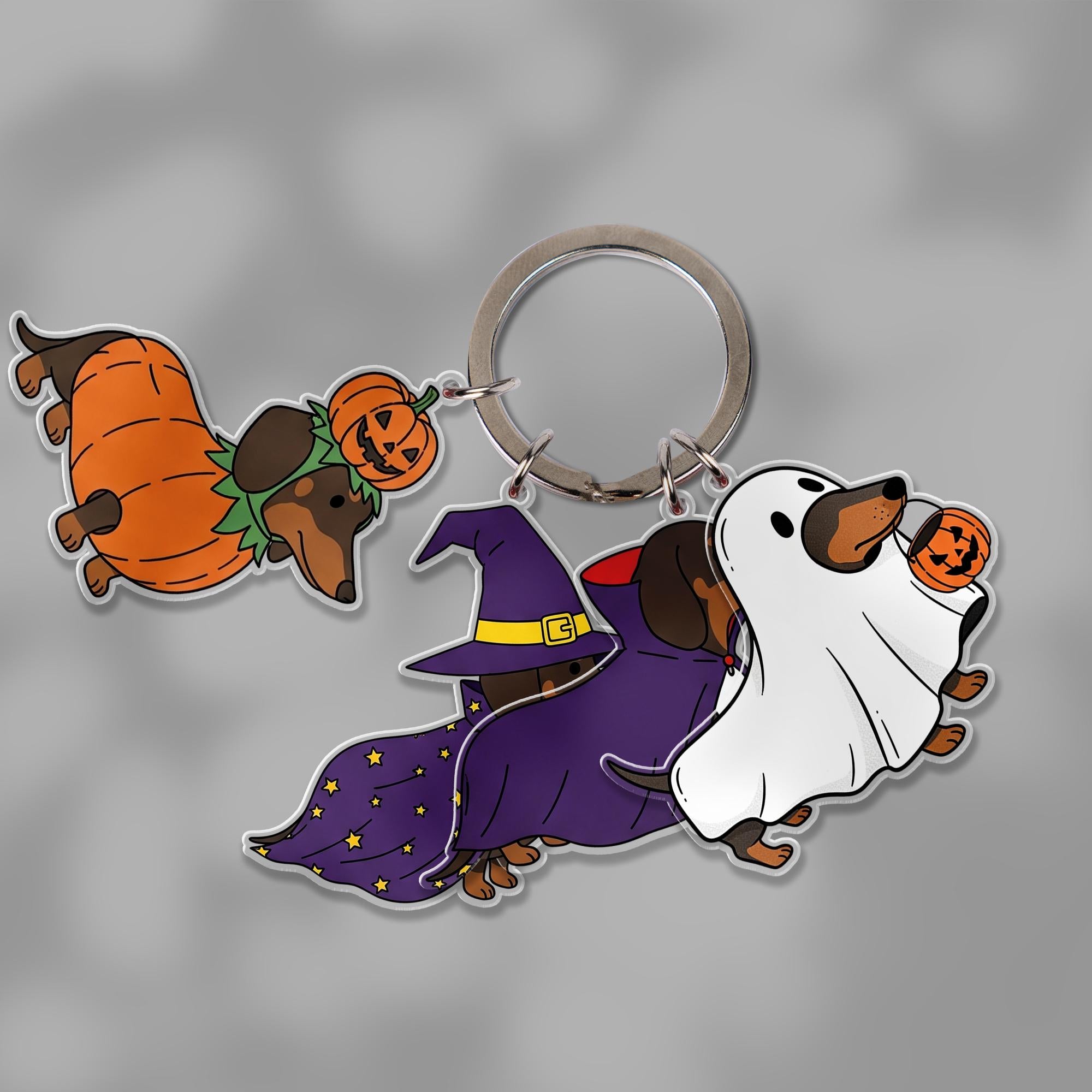 Dachshund Halloween Keychain | Multi-Charm Wiener Dog Keyring | Cute Sausage Dog in Costumes | Spooky Puppy Lover Gift