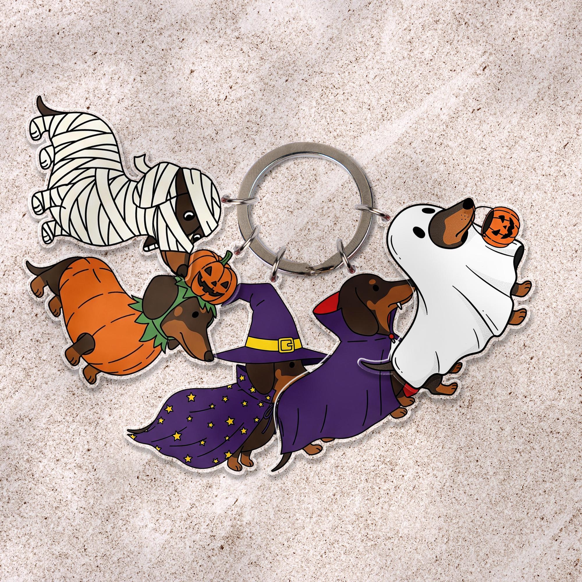 Dachshund Halloween Keychain | Multi-Charm Wiener Dog Keyring | Cute Sausage Dog in Costumes | Spooky Puppy Lover Gift