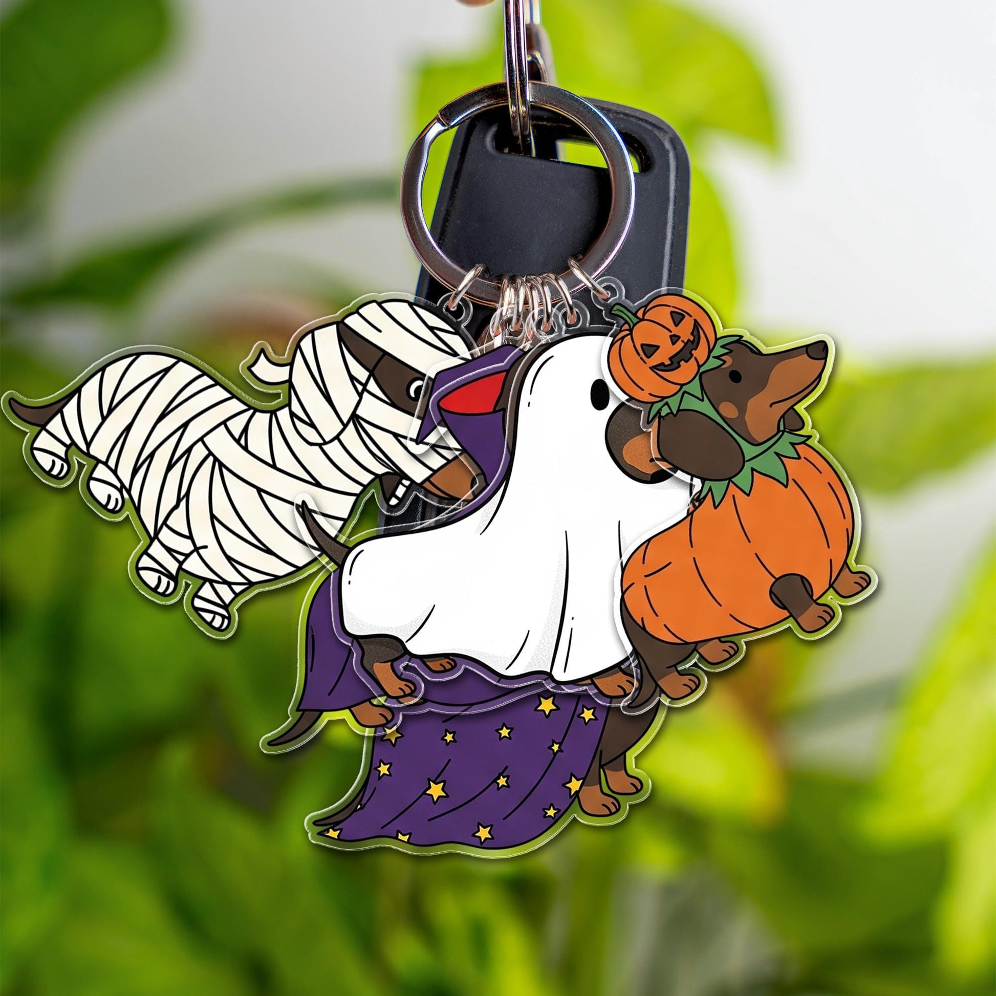 Dachshund Halloween Keychain | Multi-Charm Wiener Dog Keyring | Cute Sausage Dog in Costumes | Spooky Puppy Lover Gift