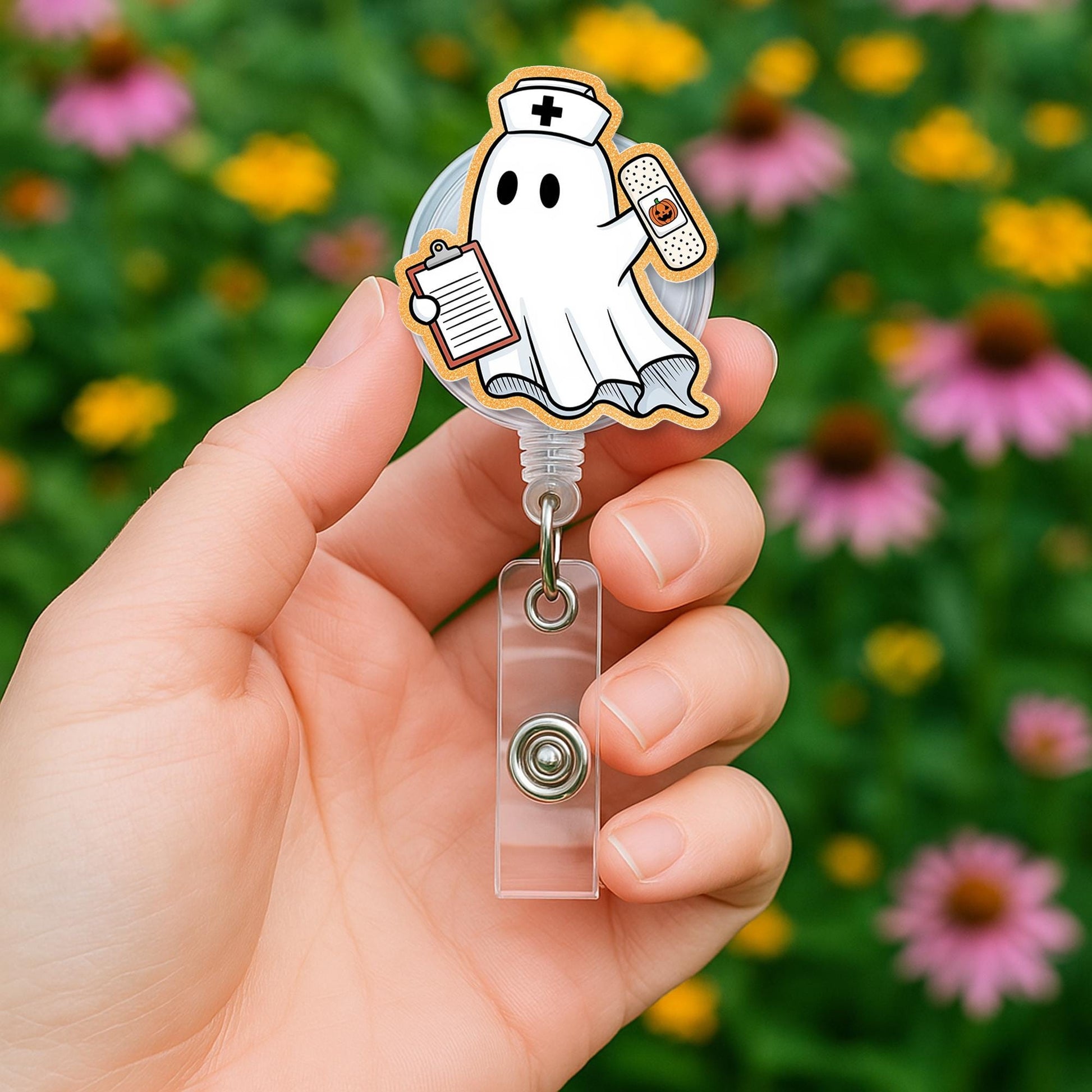 Nurse Ghost Badge Reel | Cute Halloween Retractable ID Holder | Spooky Nurse Badge Clip | Fun Medical Work Accessory Gift