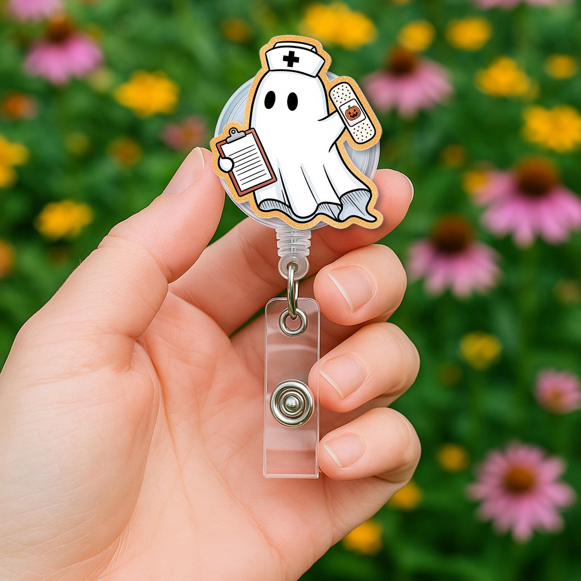 Nurse Ghost Badge Reel | Cute Halloween Retractable ID Holder | Spooky Nurse Badge Clip | Fun Medical Work Accessory Gift