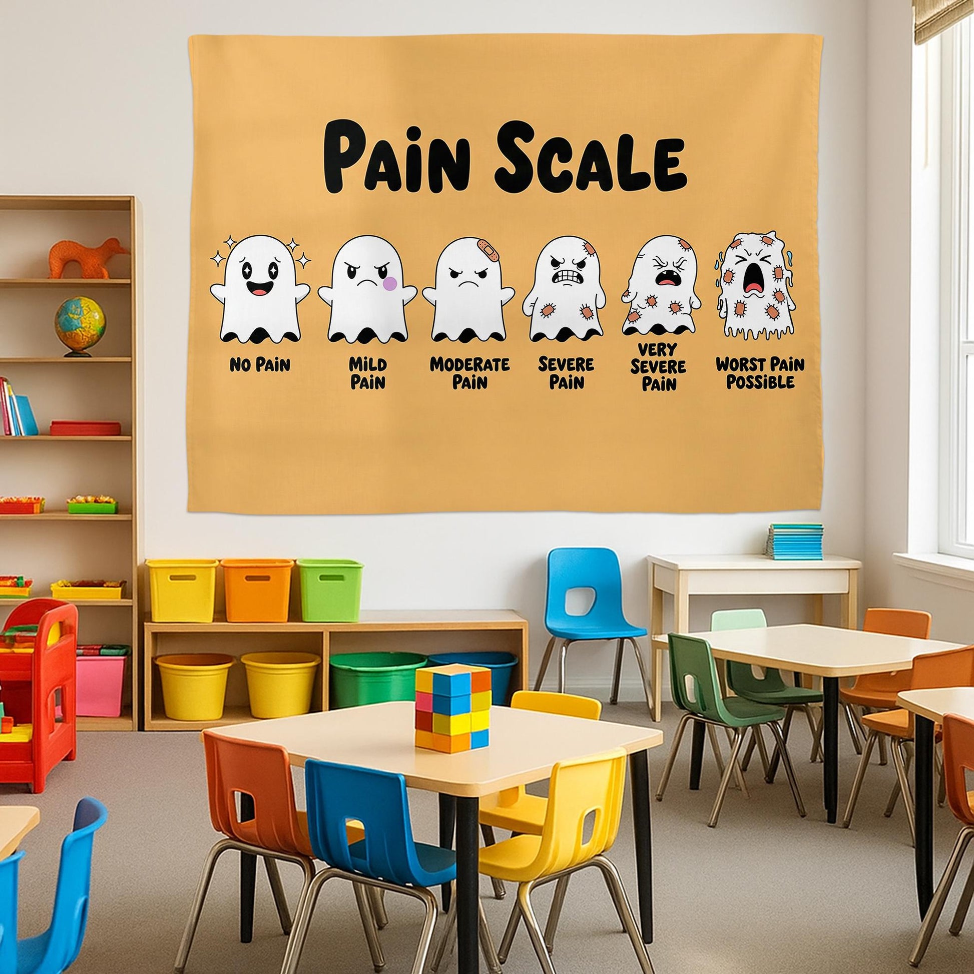Funny Ghost Pain Scale Tapestry | Cute Medical Wall Art for Nurses & Doctors | Hospital Clinic Dorm Room Decor | Halloween Gift