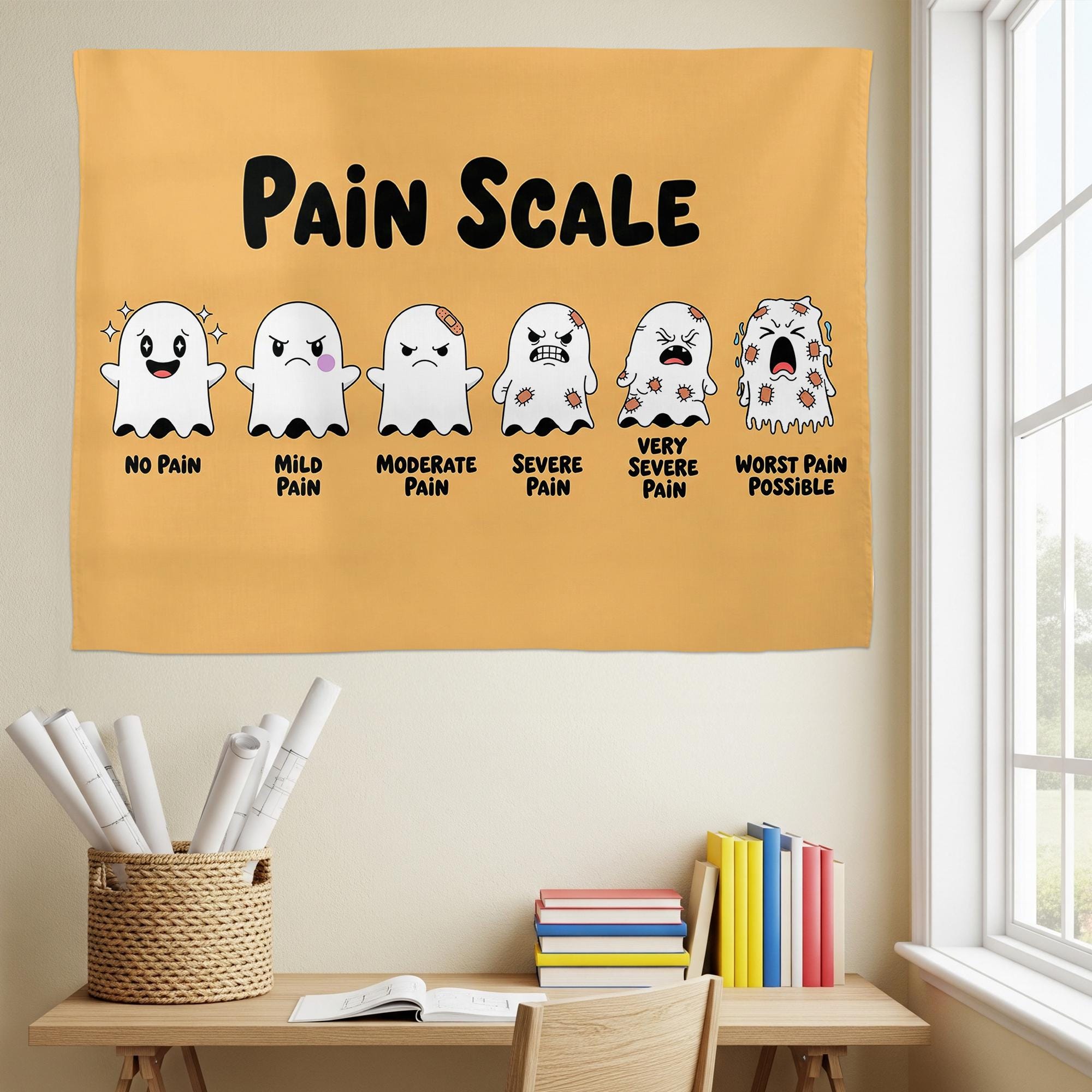 Funny Ghost Pain Scale Tapestry | Cute Medical Wall Art for Nurses & Doctors | Hospital Clinic Dorm Room Decor | Halloween Gift