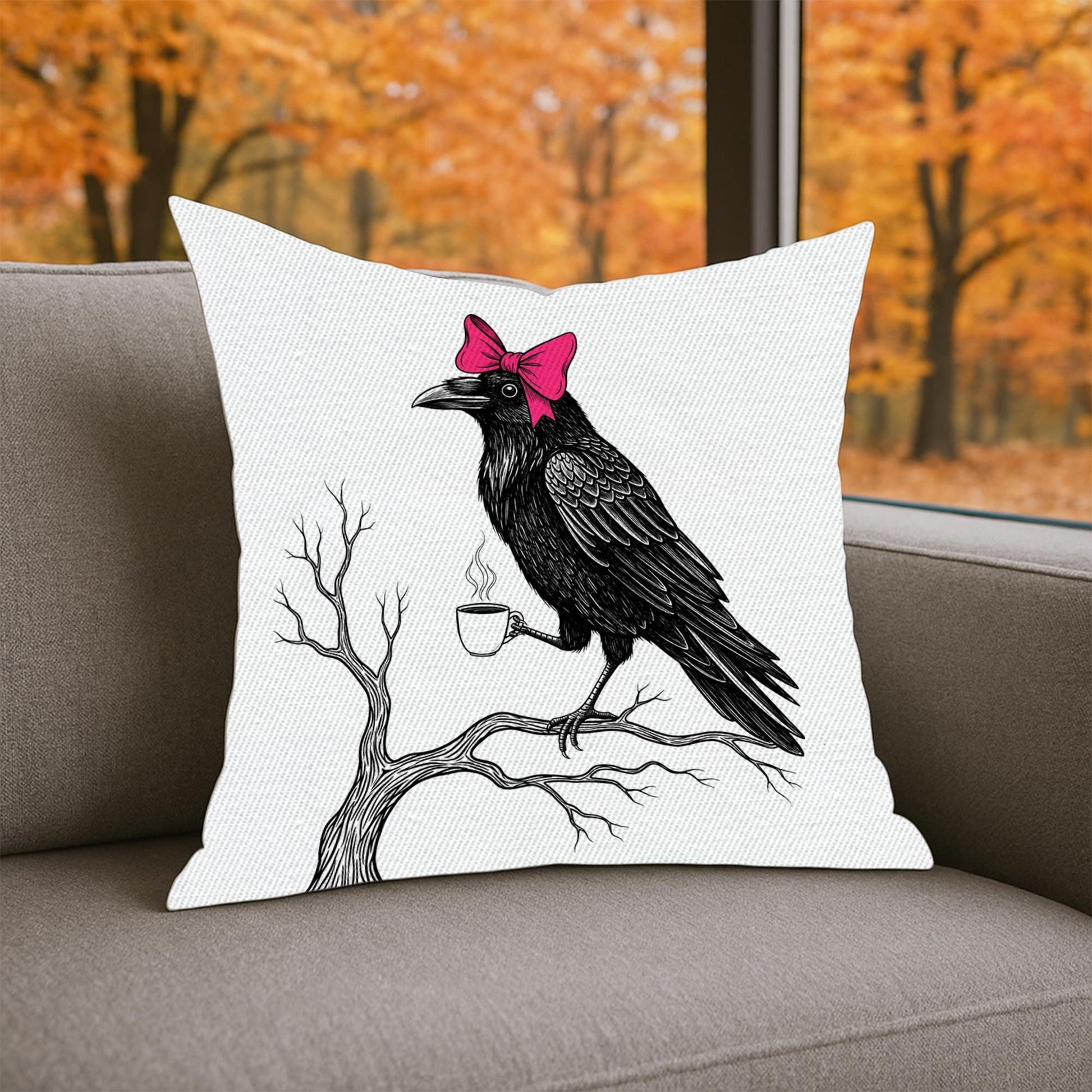 Gothic Raven Throw Pillow: Pink Bow & Coffee Cup - USA Made