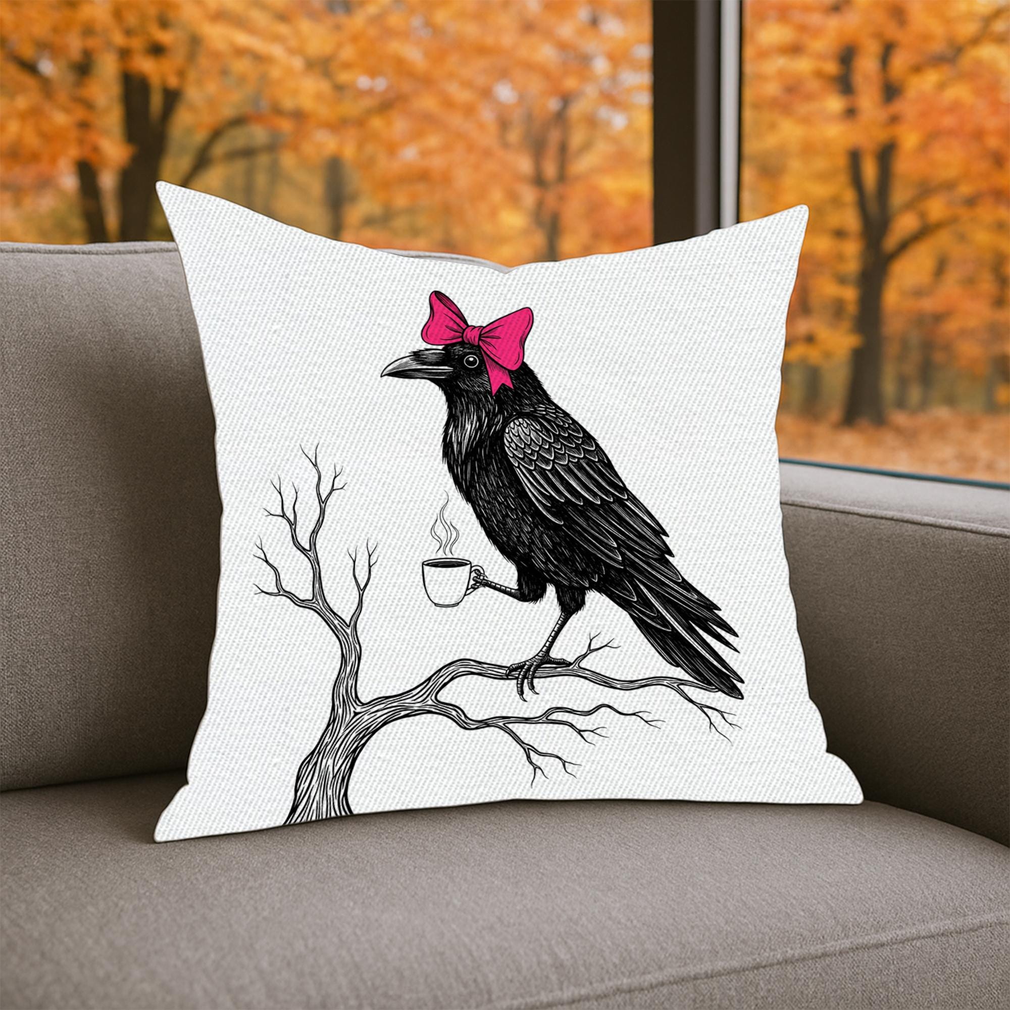 Gothic Raven Throw Pillow: Pink Bow & Coffee Cup - USA Made