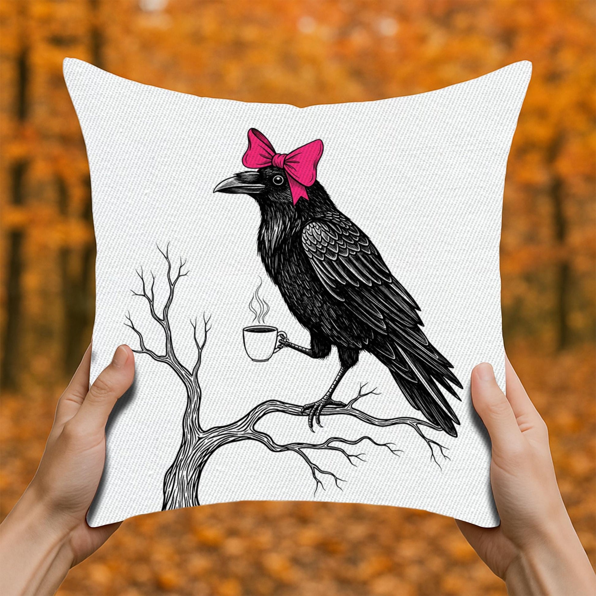 Gothic Raven Throw Pillow: Pink Bow & Coffee Cup - USA Made