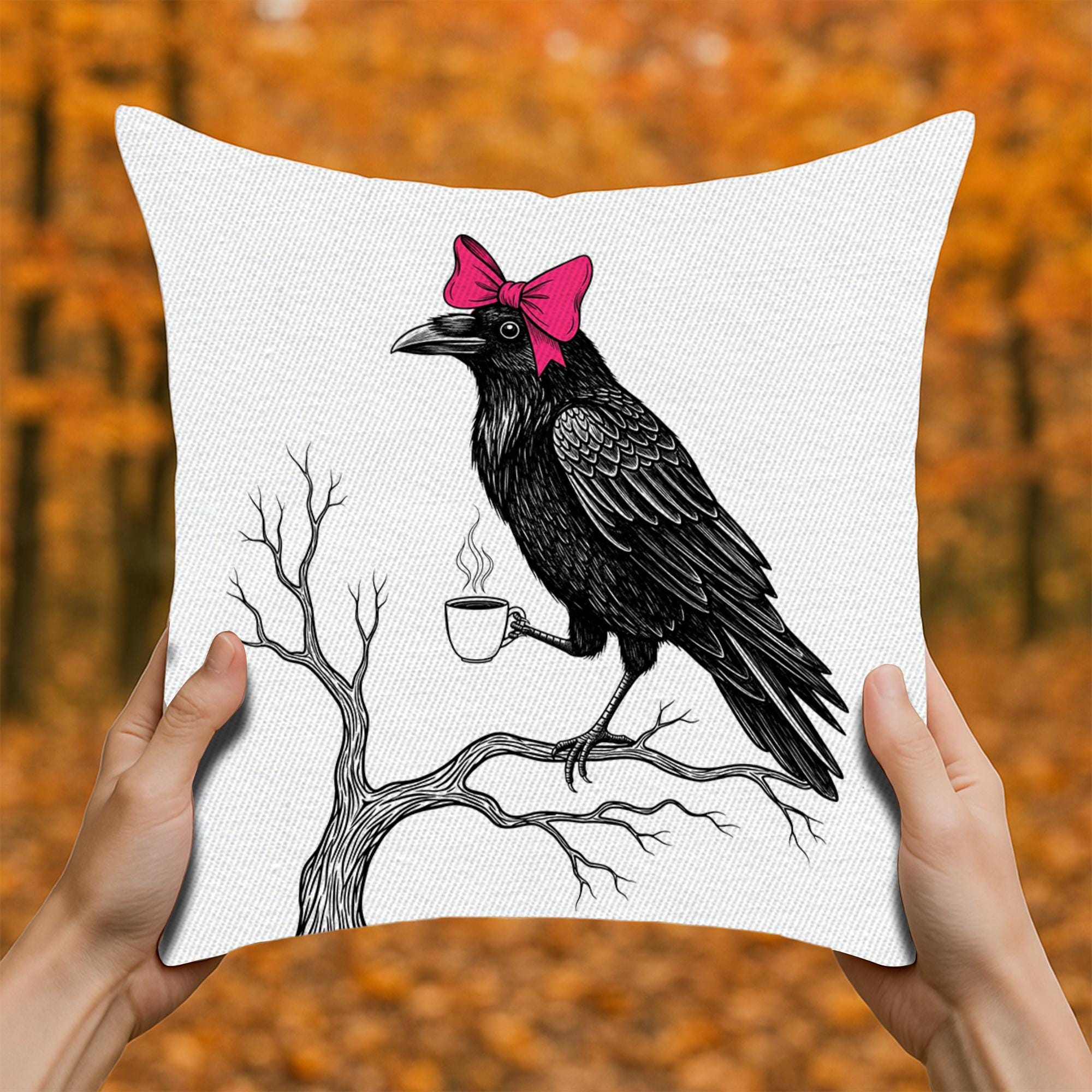Gothic Raven Throw Pillow: Pink Bow & Coffee Cup - USA Made
