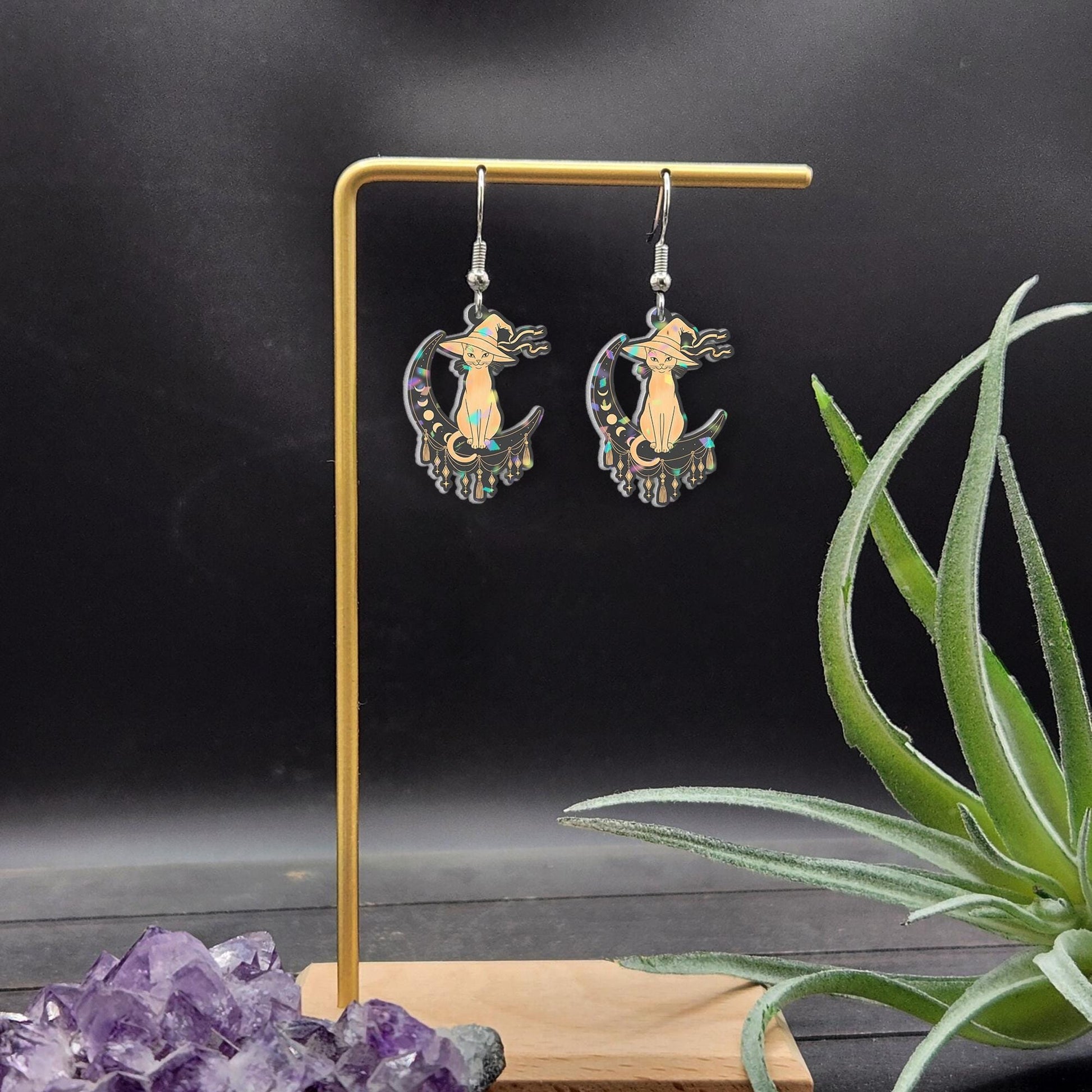 Witch Cat Earrings: Gothic Crescent Moon Dangle Earrings