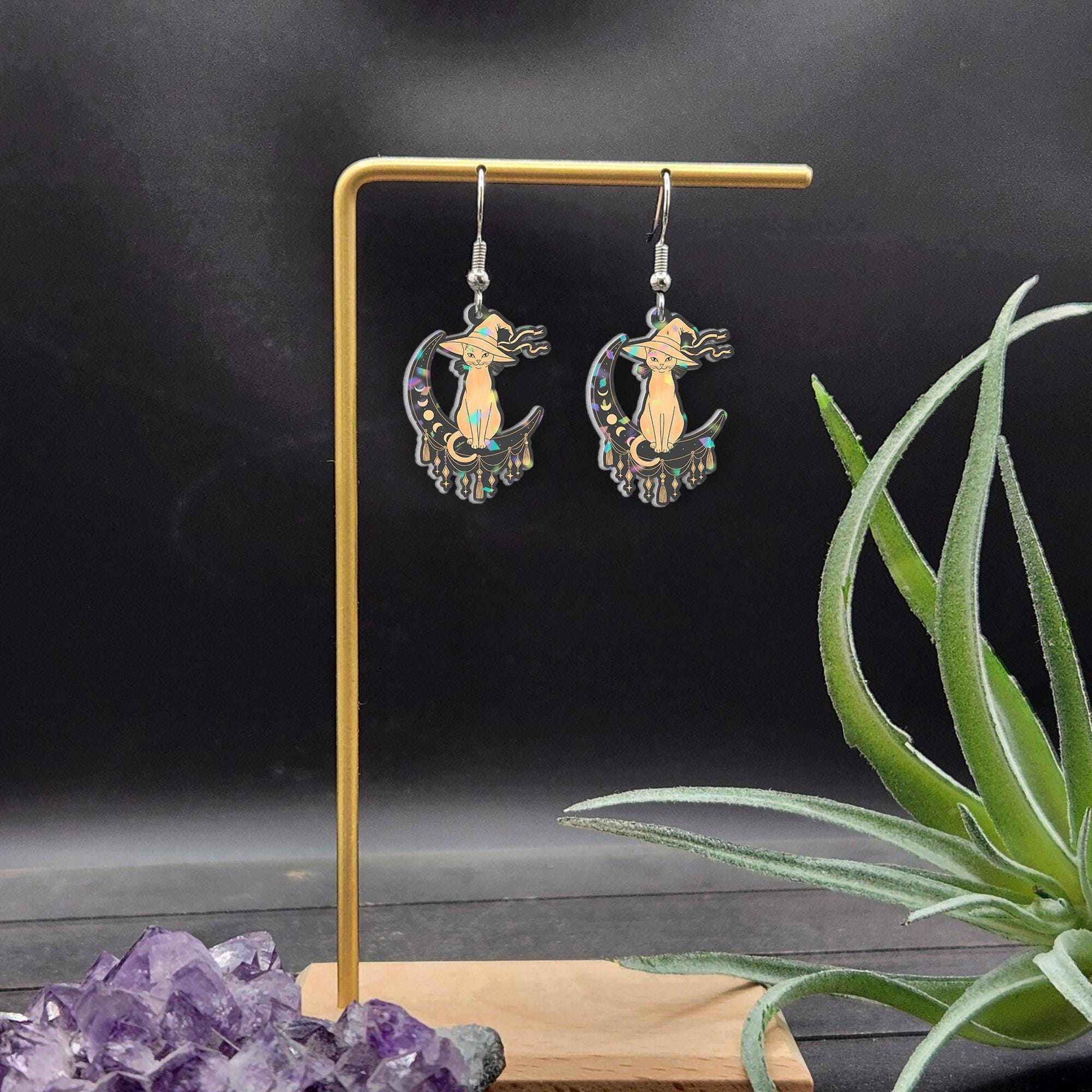 Witch Cat Earrings: Gothic Crescent Moon Dangle Earrings