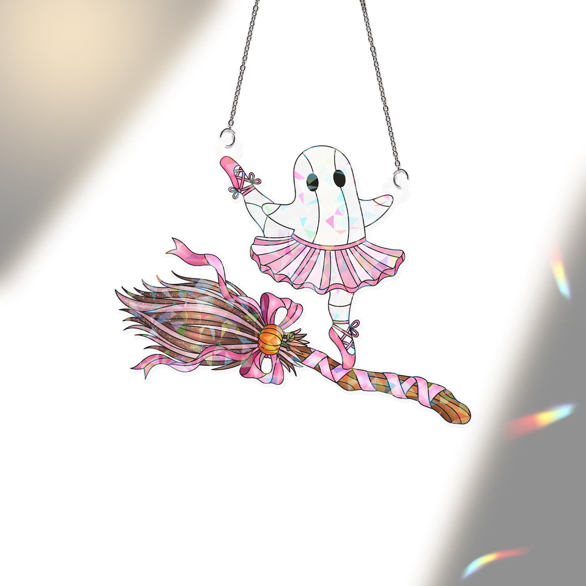 Holographic Ghost Ballet Suncatcher: Kawaii Halloween Window Hanging
