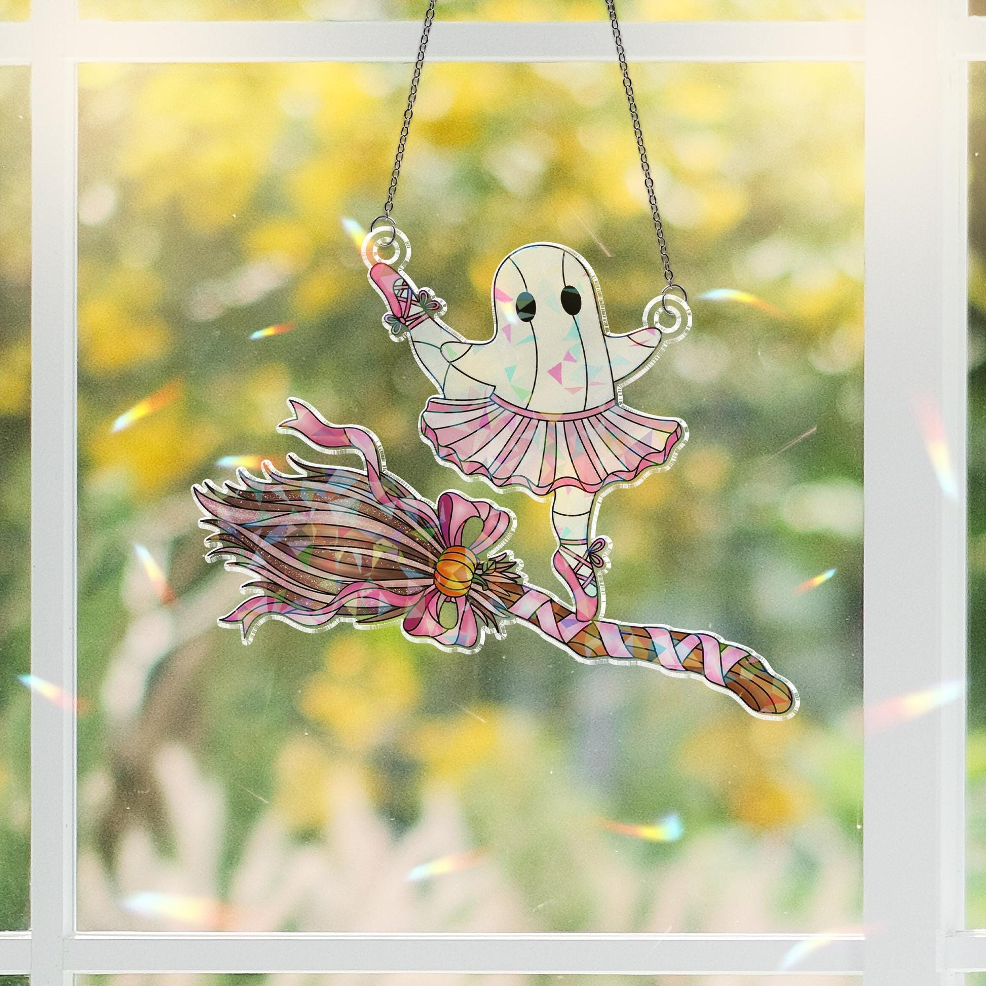 Holographic Ghost Ballet Suncatcher: Kawaii Halloween Window Hanging