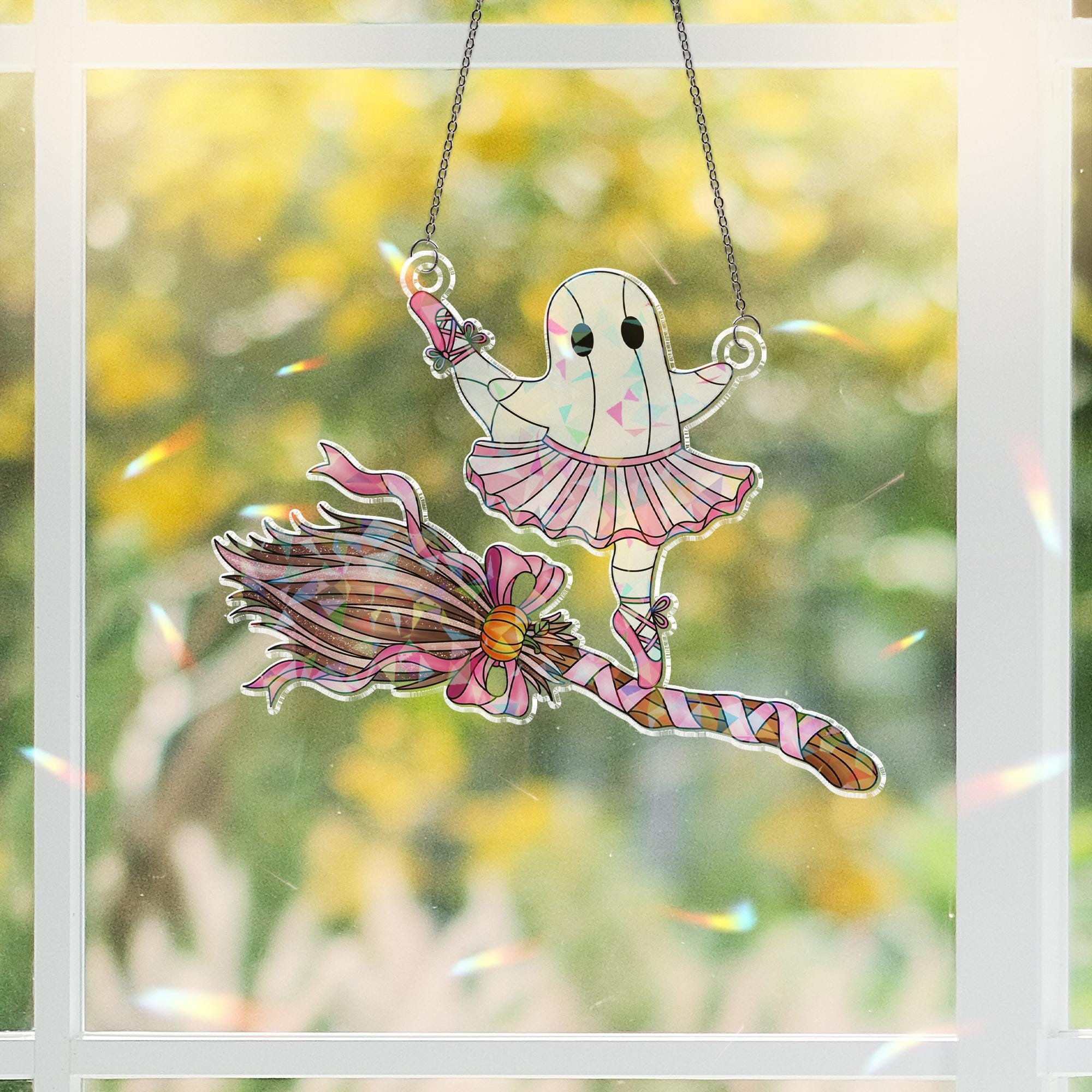 Holographic Ghost Ballet Suncatcher: Kawaii Halloween Window Hanging