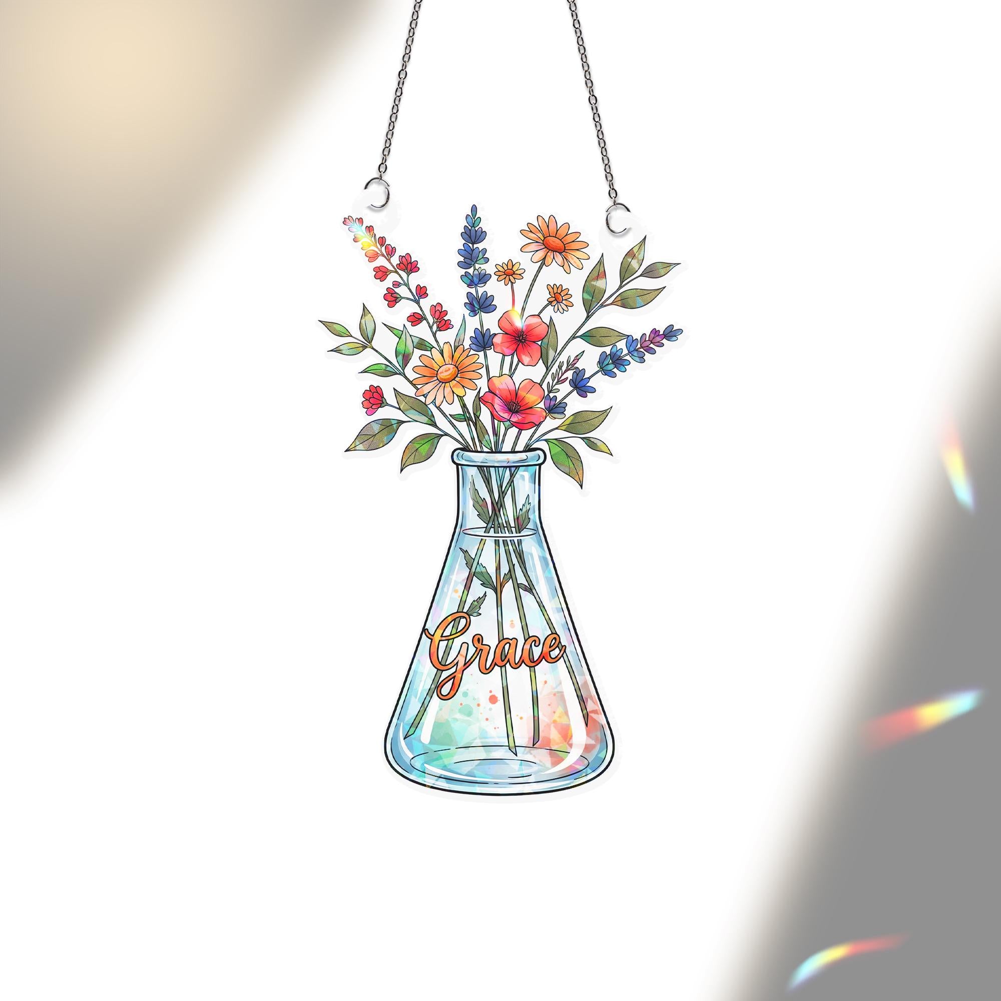 Vase with Flowers Hologram Window Hanging: Acrylic Sun Catcher Gift