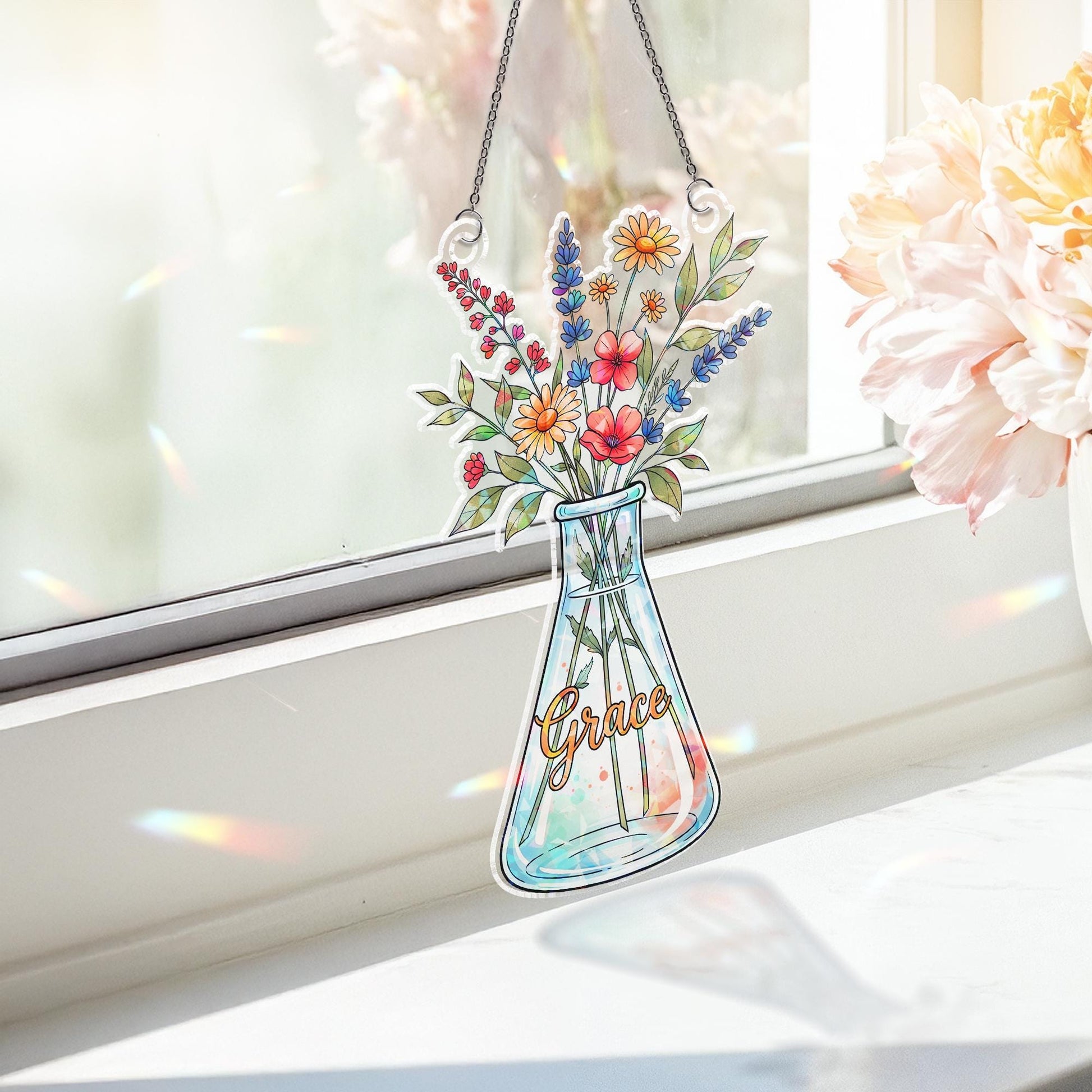 Vase with Flowers Hologram Window Hanging: Acrylic Sun Catcher Gift