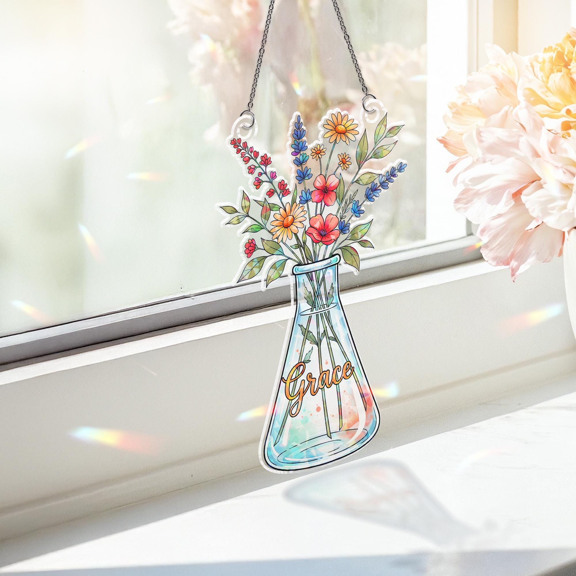 Vase with Flowers Hologram Window Hanging: Acrylic Sun Catcher Gift