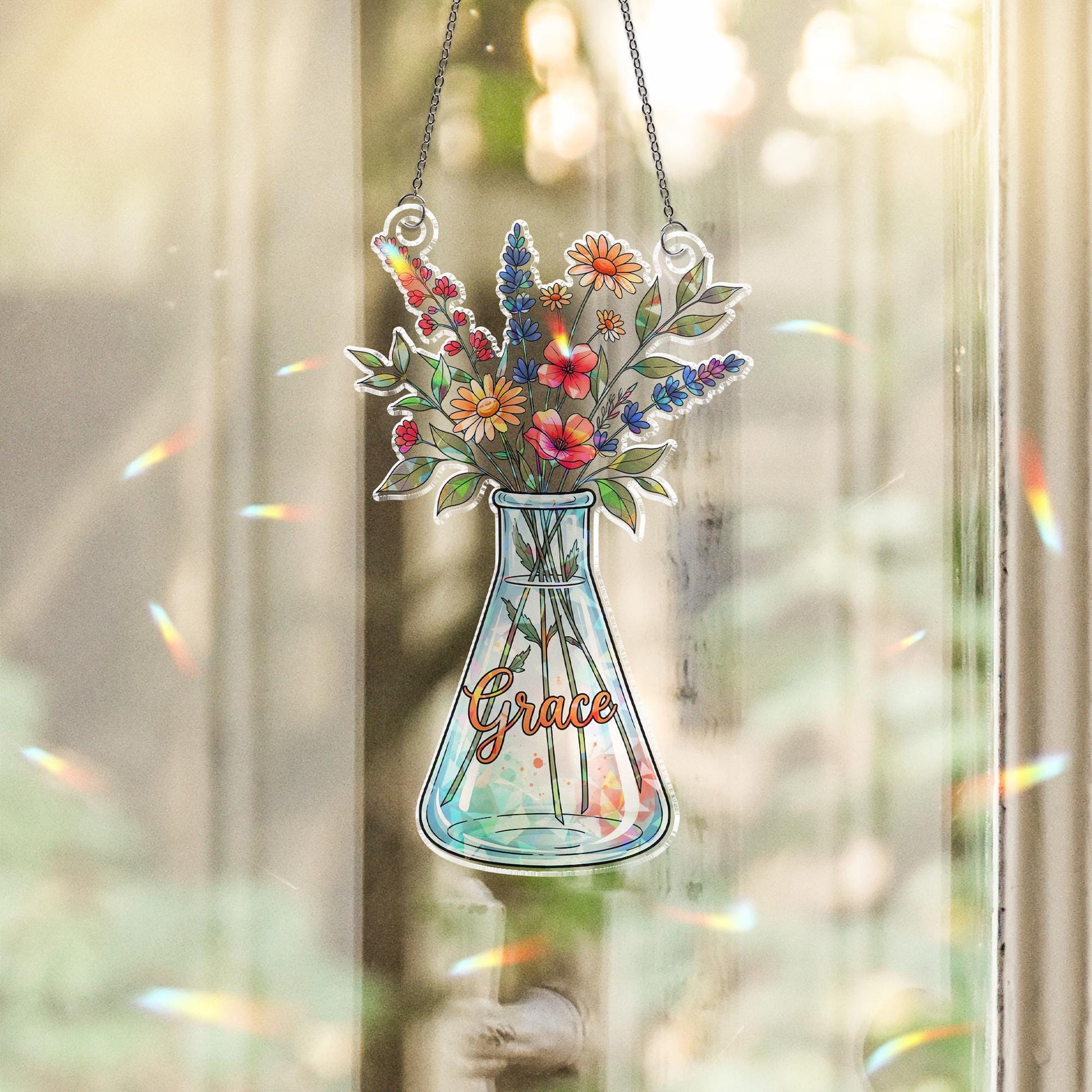 Vase with Flowers Hologram Window Hanging: Acrylic Sun Catcher Gift