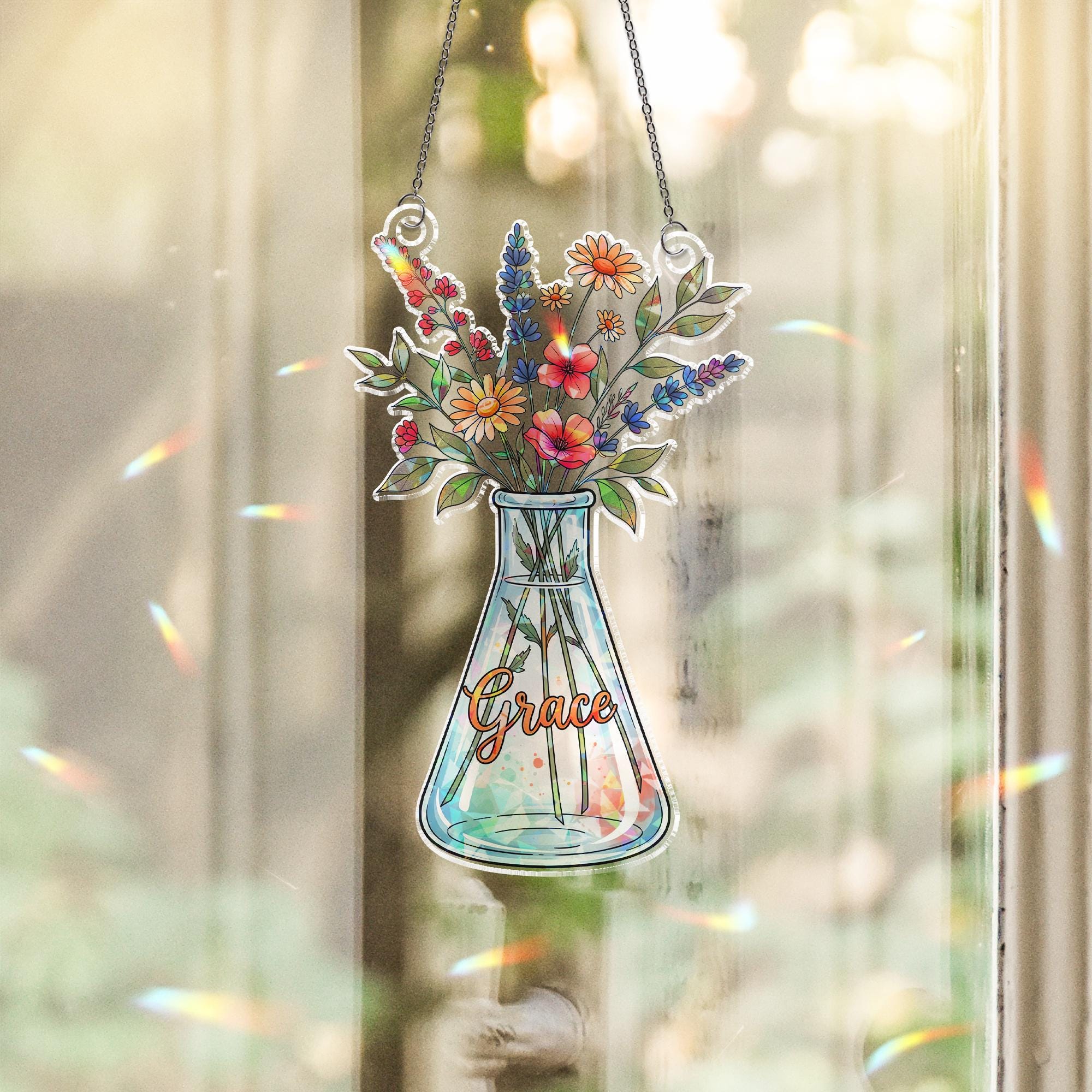 Vase with Flowers Hologram Window Hanging: Acrylic Sun Catcher Gift