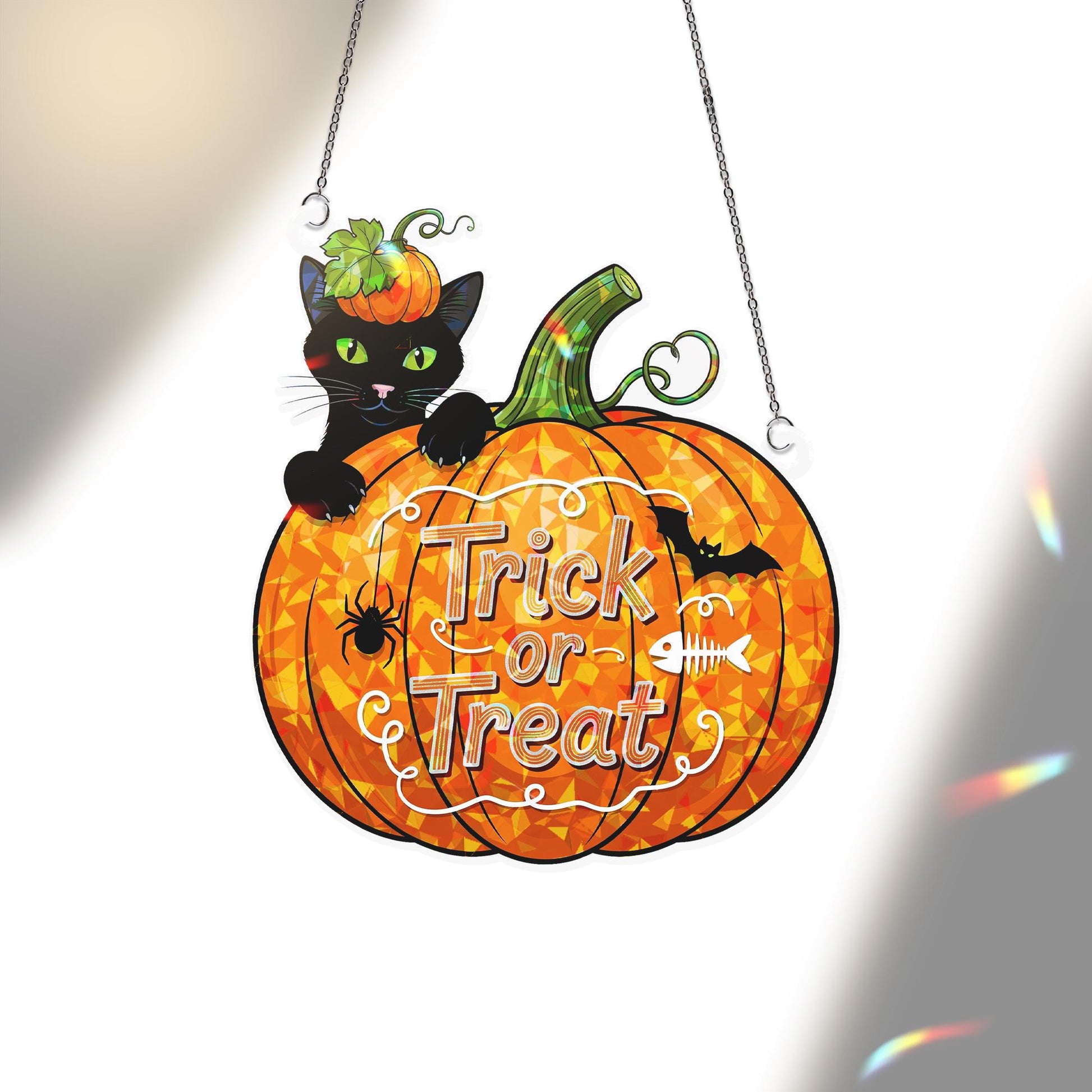 Halloween Hologram Window Hanging: Trick or Treat Pumpkin Black Acrylic Cat Suncatcher