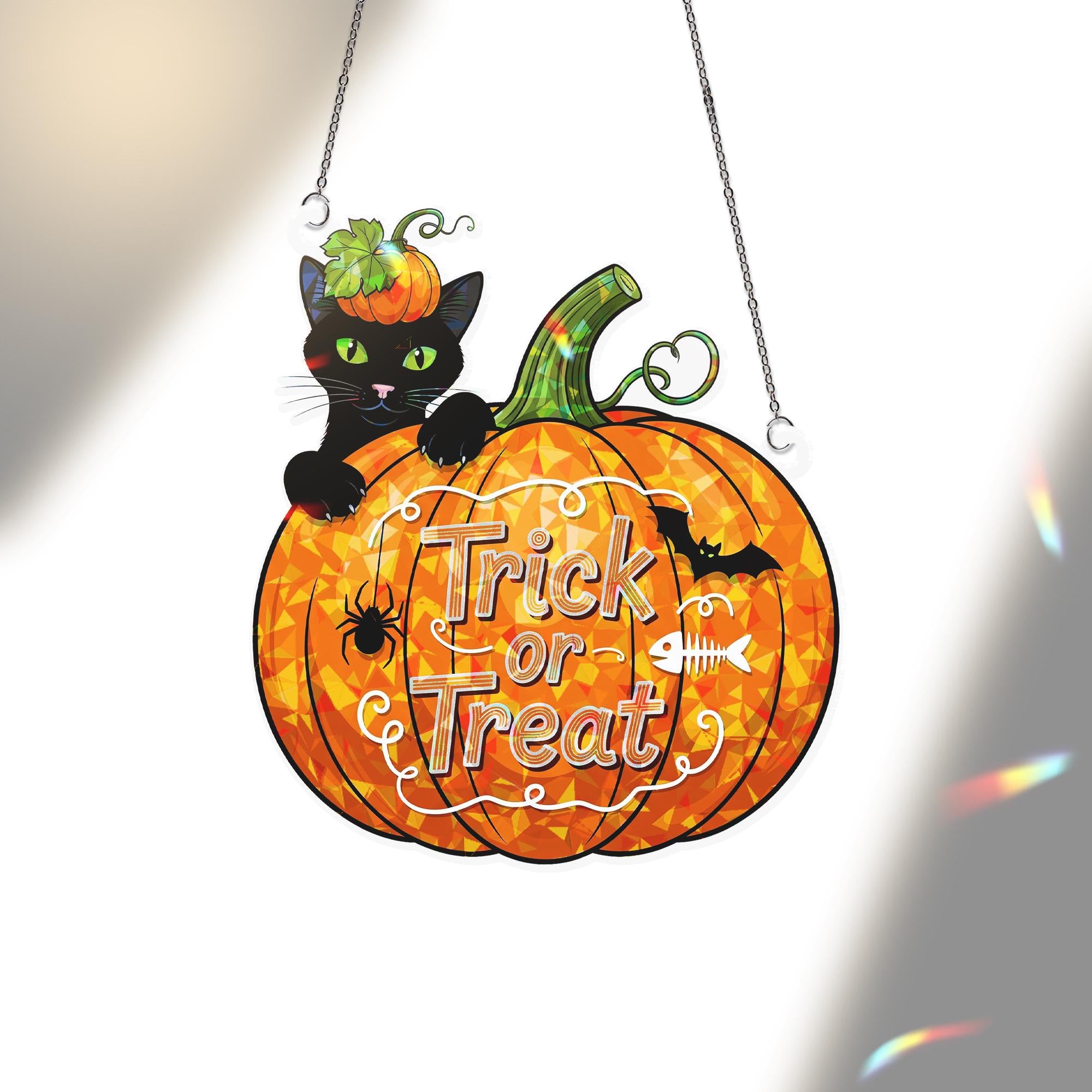 Halloween Hologram Window Hanging: Trick or Treat Pumpkin Black Acrylic Cat Suncatcher