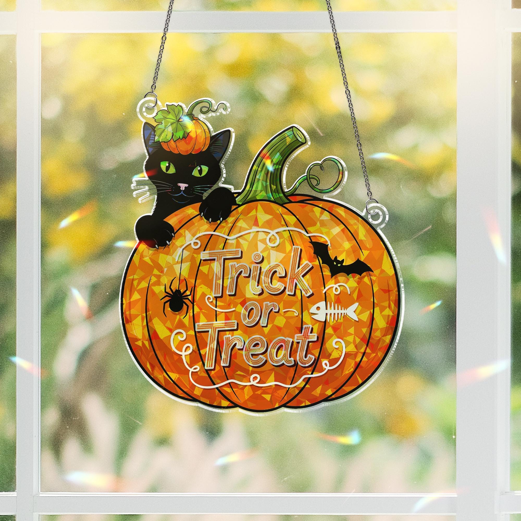 Halloween Hologram Window Hanging: Trick or Treat Pumpkin Black Acrylic Cat Suncatcher
