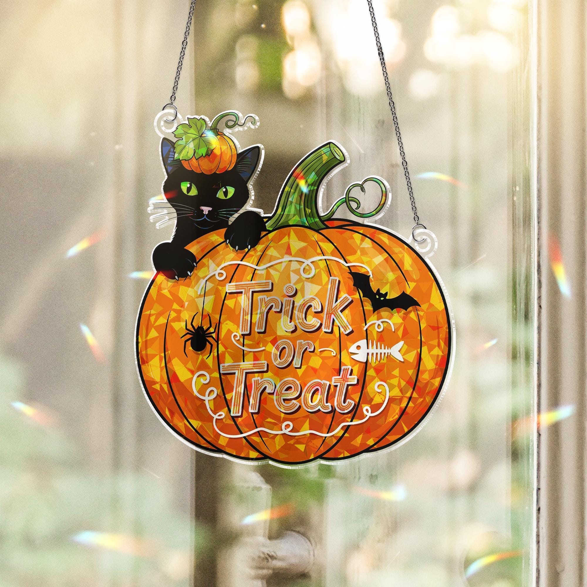 Halloween Hologram Window Hanging: Trick or Treat Pumpkin Black Acrylic Cat Suncatcher